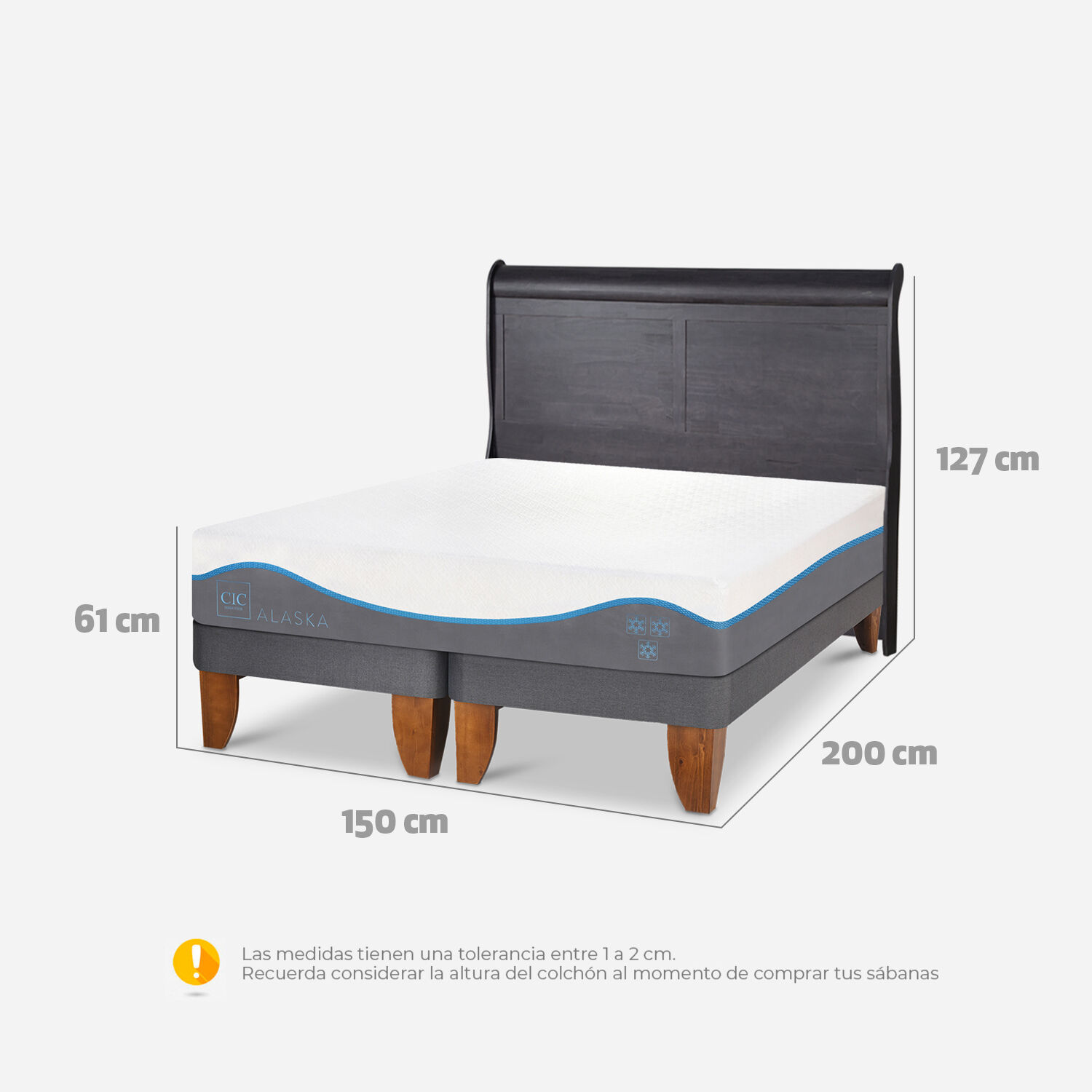 Cama Europea 2 Plazas Alaska Base Dividida + Respaldo Miró Negro