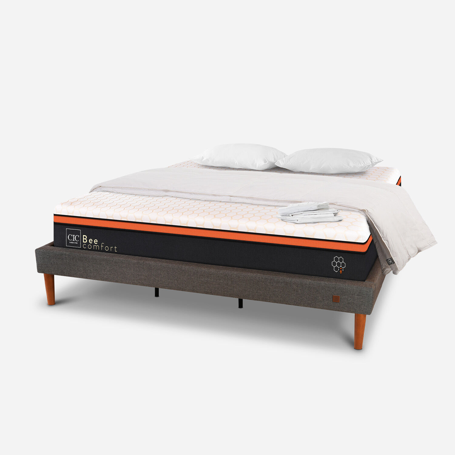 Cama Europea Curve King Bee Comfort + Almohadas Viscoel&aacute;sticas + Plum&oacute;n + Sabanas