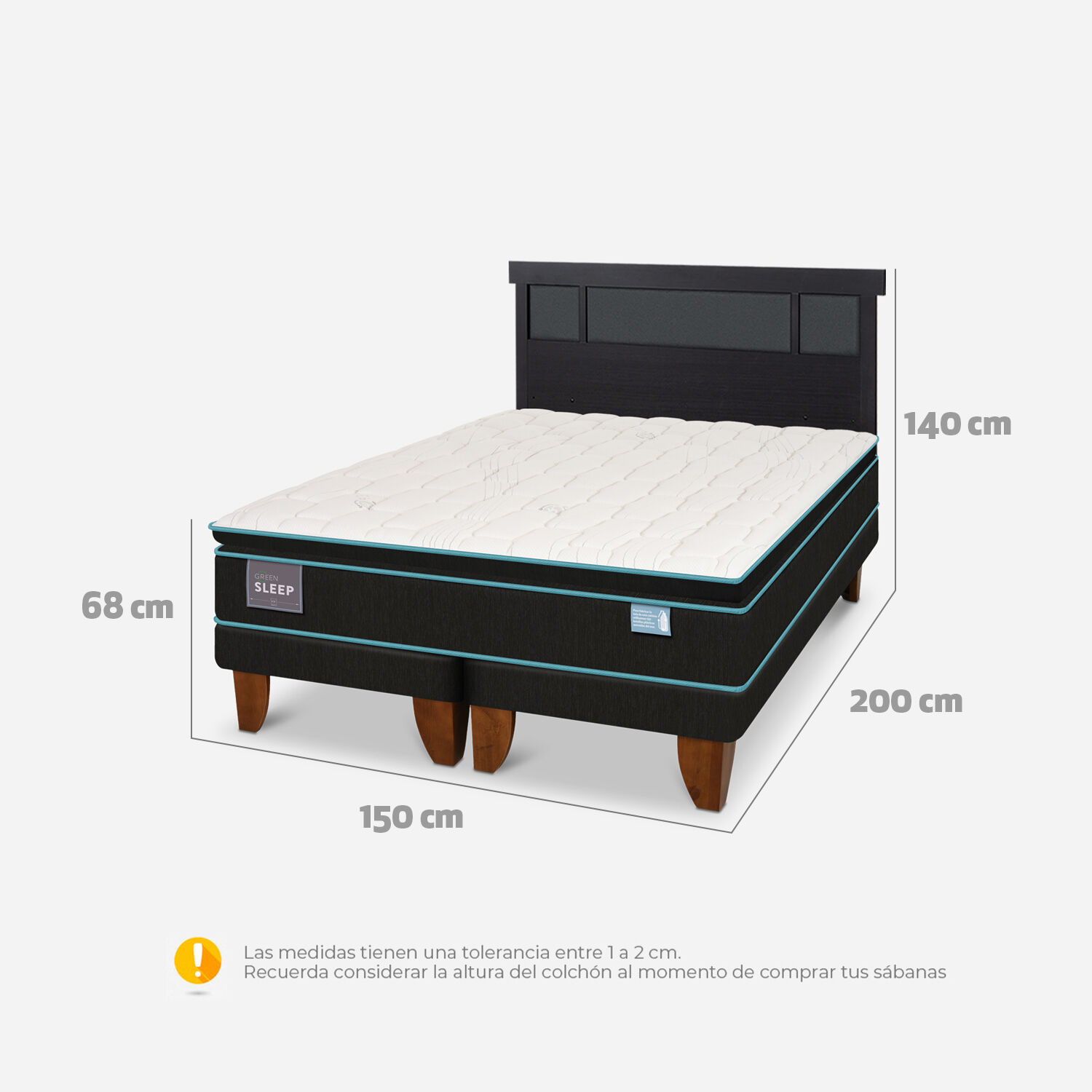 Cama Europea 2 Plazas Green Sleep Base Dividida + Respaldo Dublín Negro