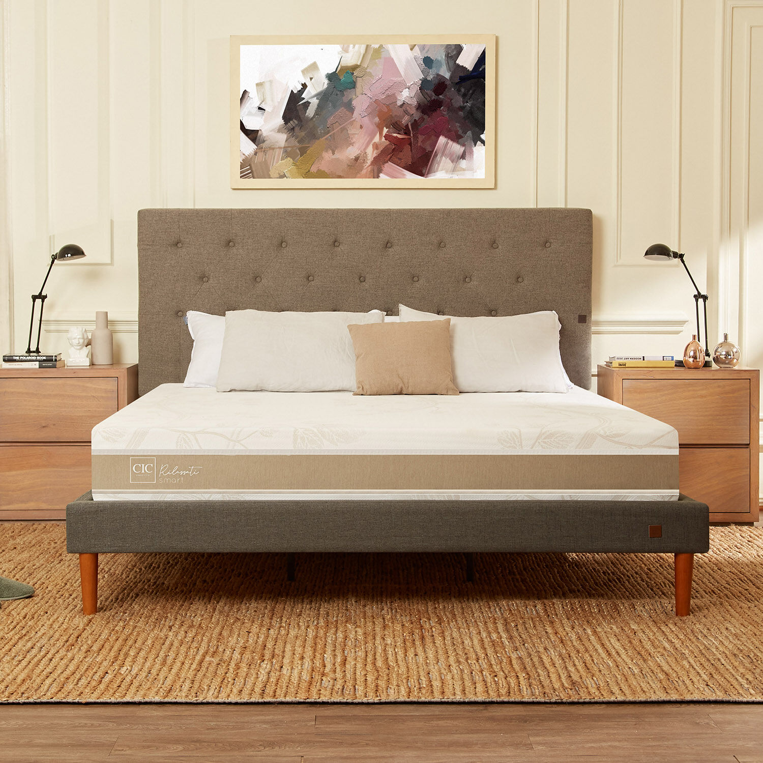 Cama Europea Curve 2 Plazas Rilassati Smart + Respaldo New Torino Caramel