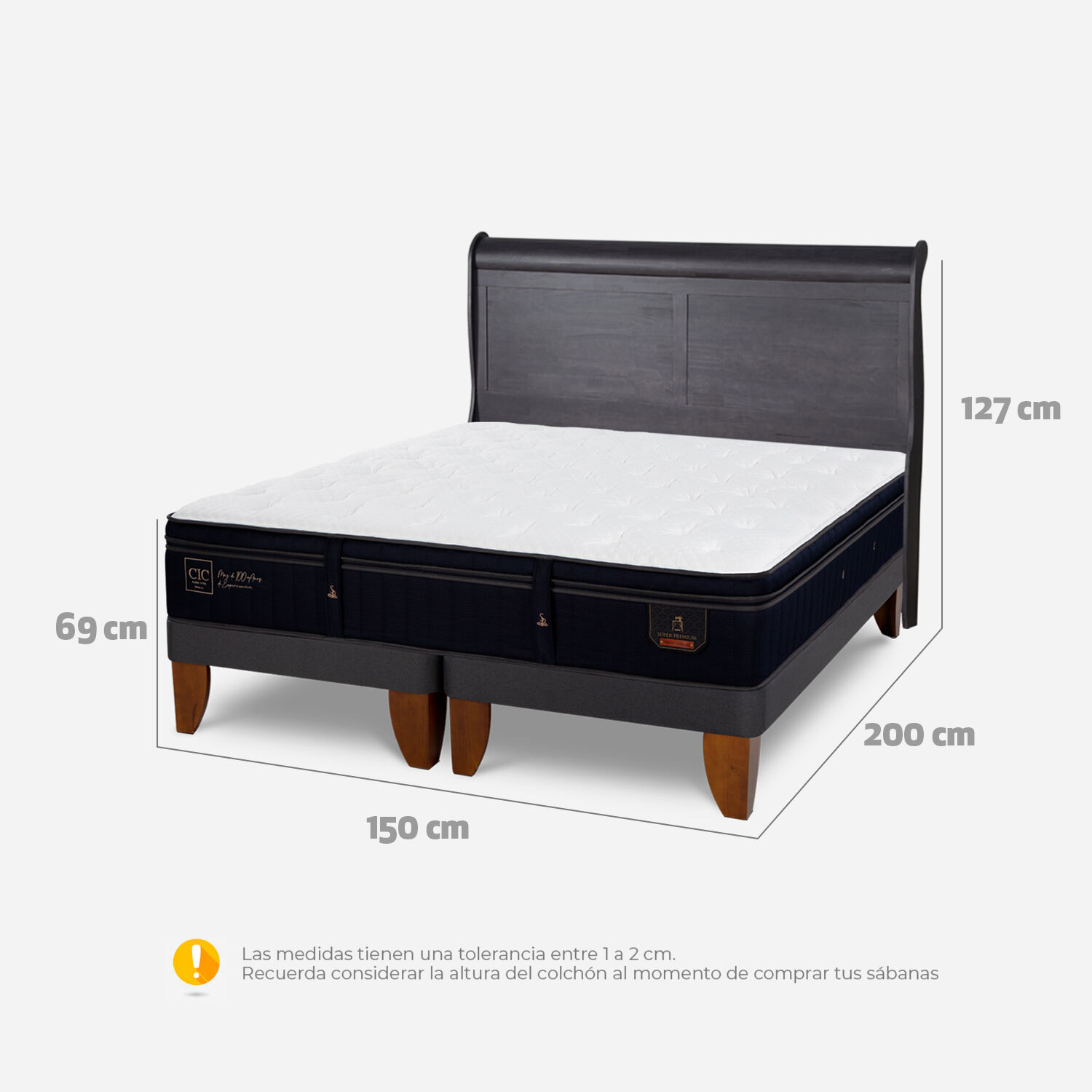 Cama Europea 2 Plazas Super Premium Base Dividida + Respaldo Mir&oacute; Negro