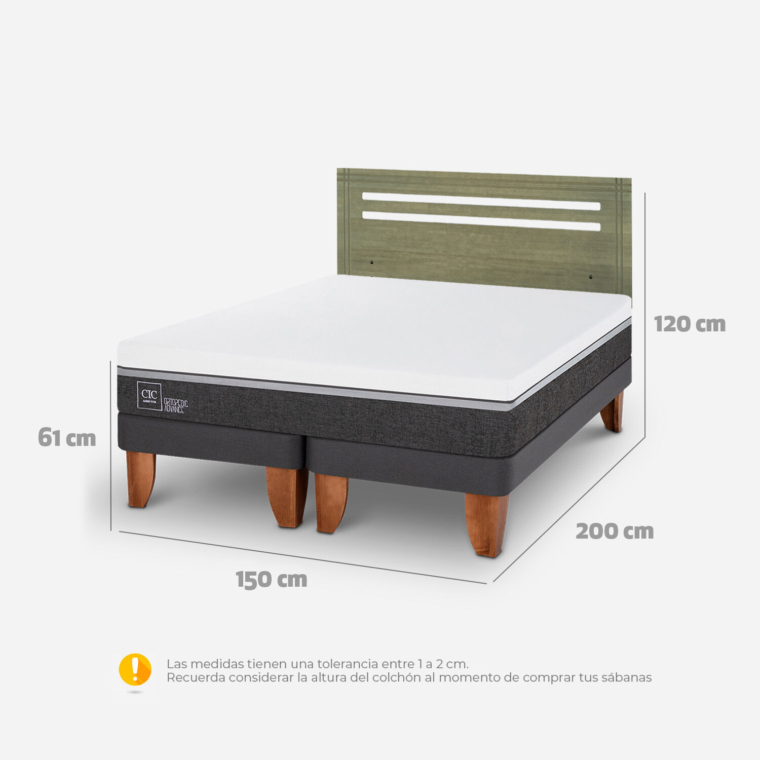 Cama Europea 2 Plazas Ortopedic Advance Base Dividida + Respaldo Múnich Olivo