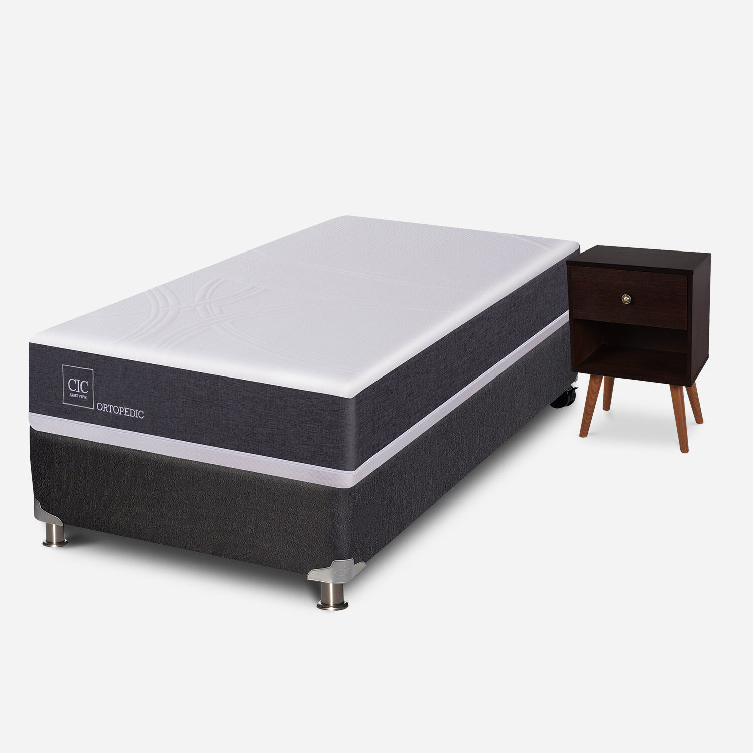 Box Spring 1 Plaza Ortopedic 5 Zonas + Velador M&uacute;nich Chocolate