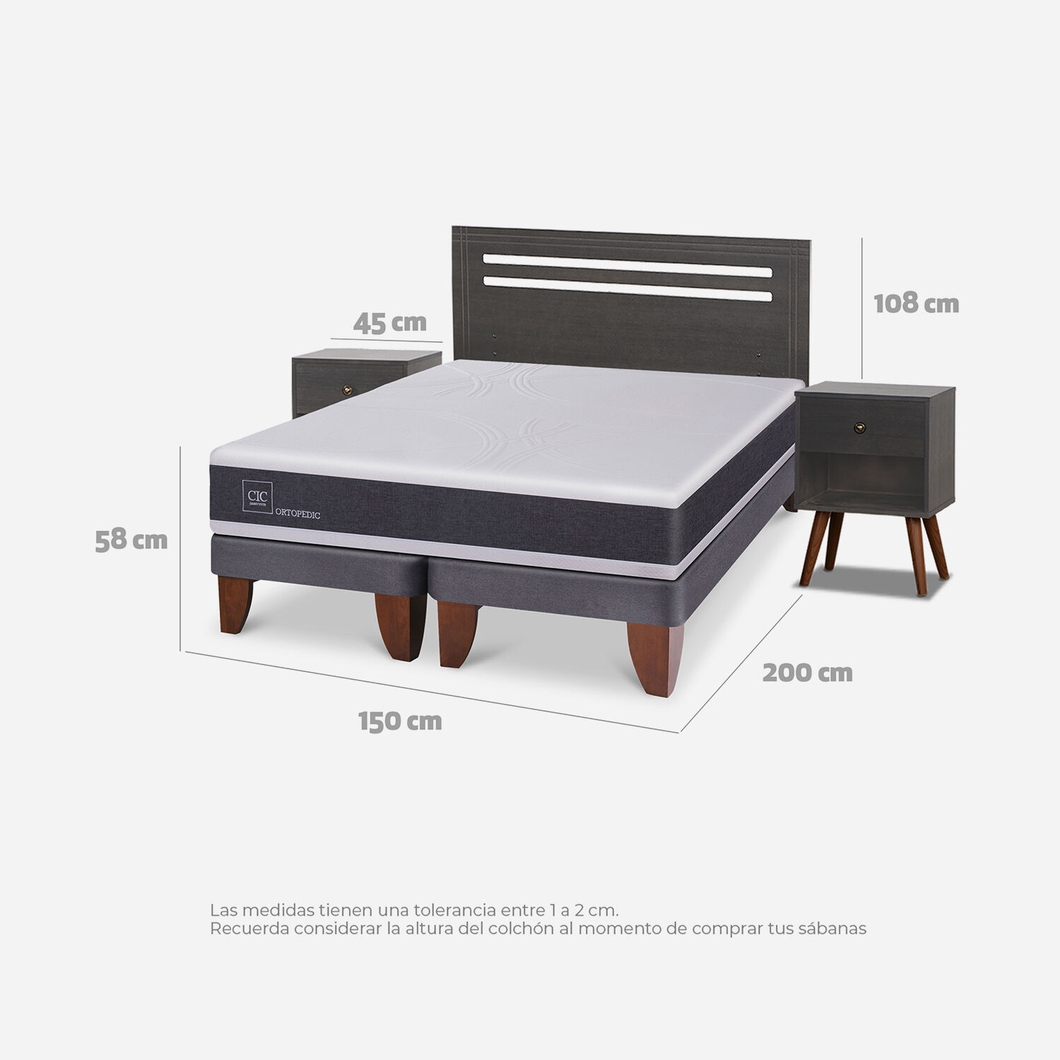 Cama Europea 2 Plazas Ortopedic Base Dividida + Set Múnich Gris