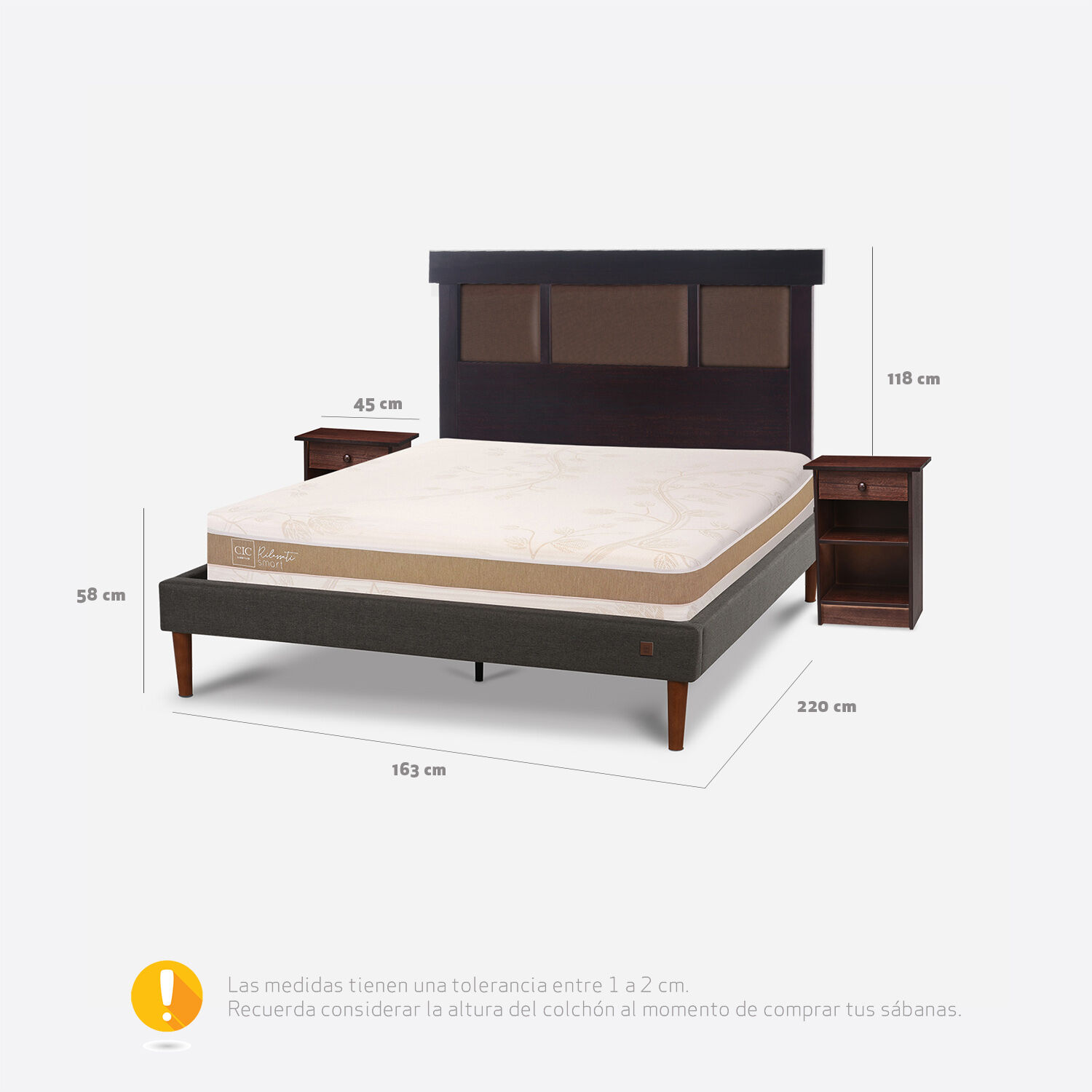 Cama Europea Curve 2 Plazas Rilassati Smart + Set New Dublín Choc