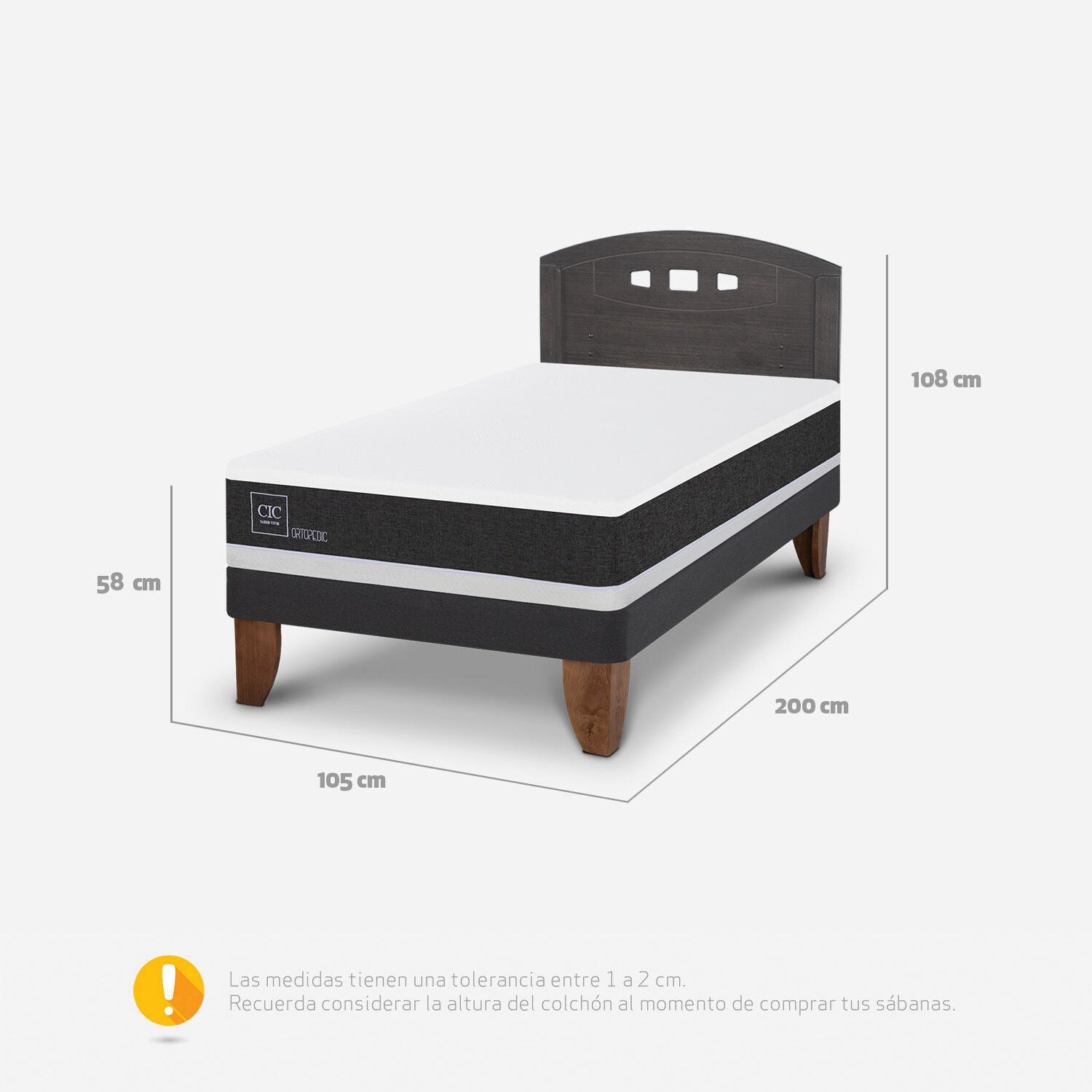 Cama Europea 1,5 Plazas Ortopedic + Respaldo Gales Gris
