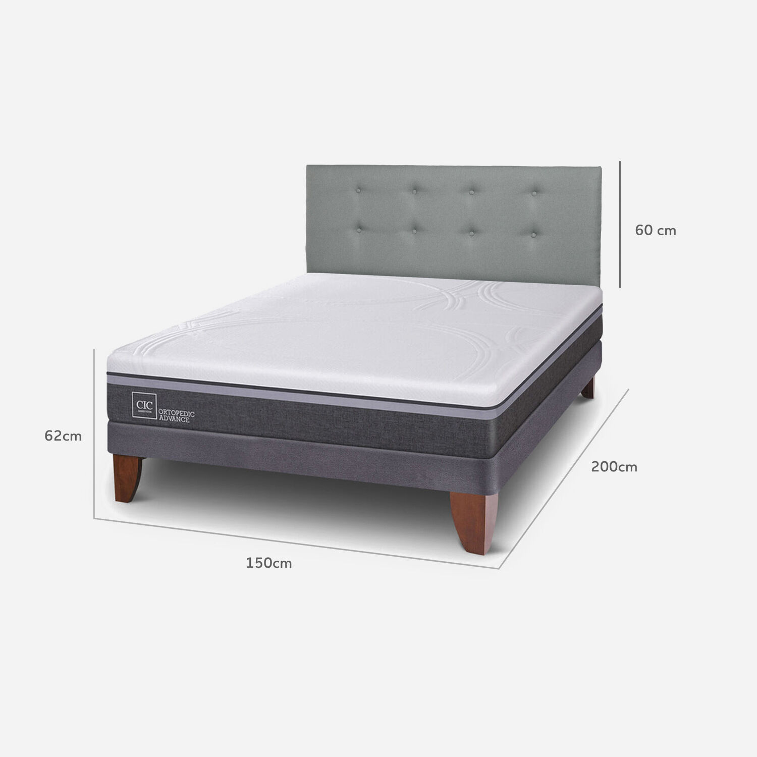 Cama Europea 2 Plazas Ortopedic Advance Base Normal + Respaldo Tapizado Gris