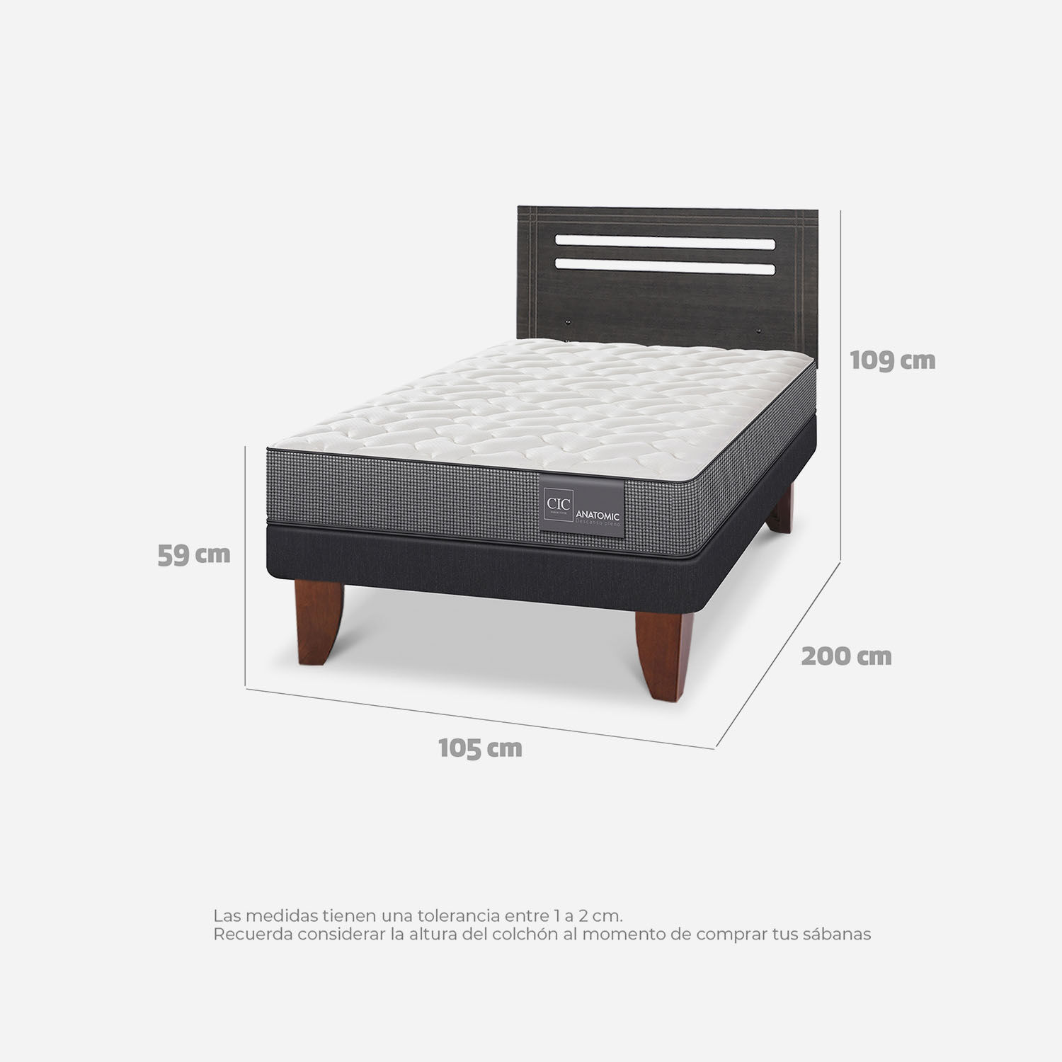 Cama Europea 1,5 Plazas Anatomic + Respaldo Múnich Gris