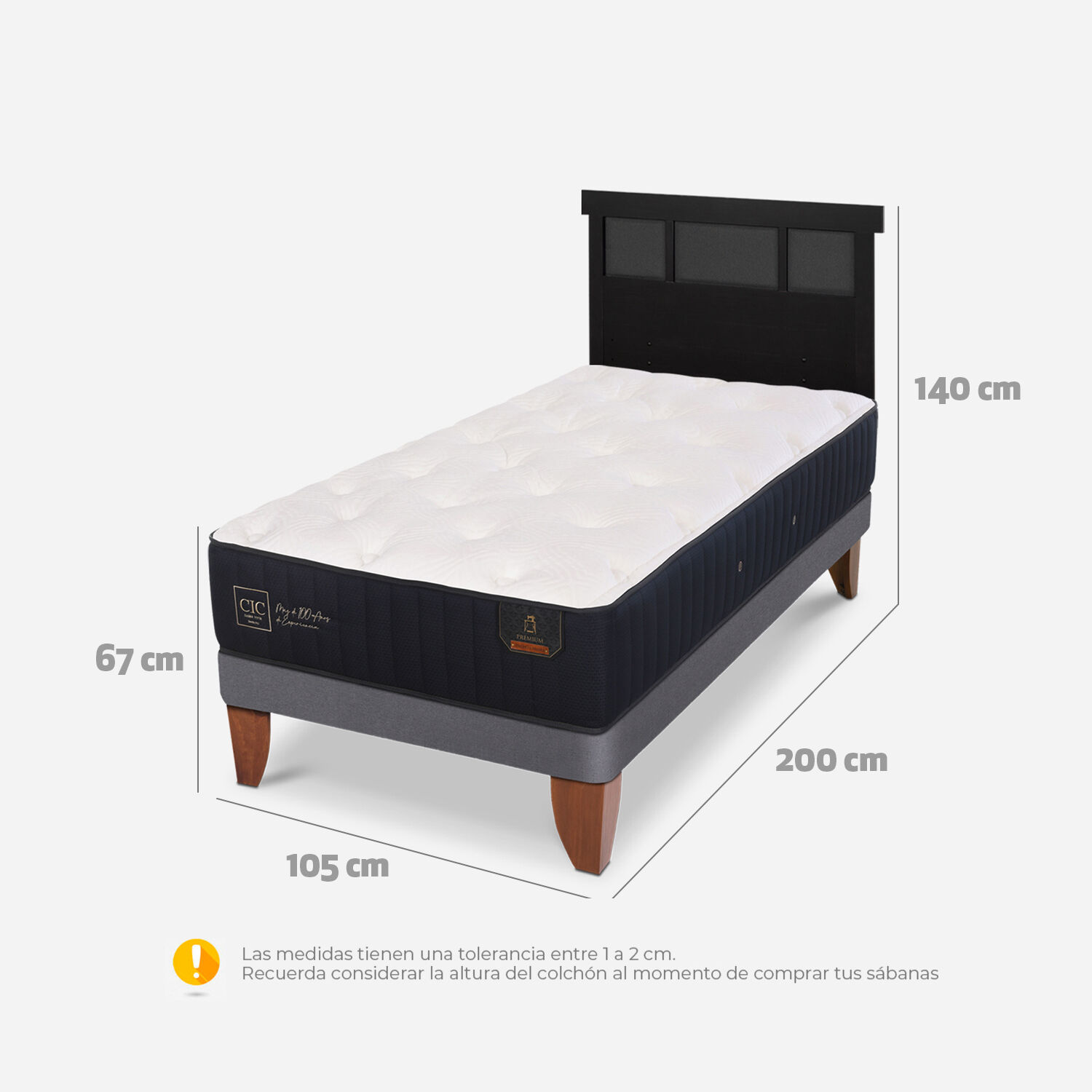 Cama Europea 1,5 Plazas Premium + Respaldo Dublín Negro