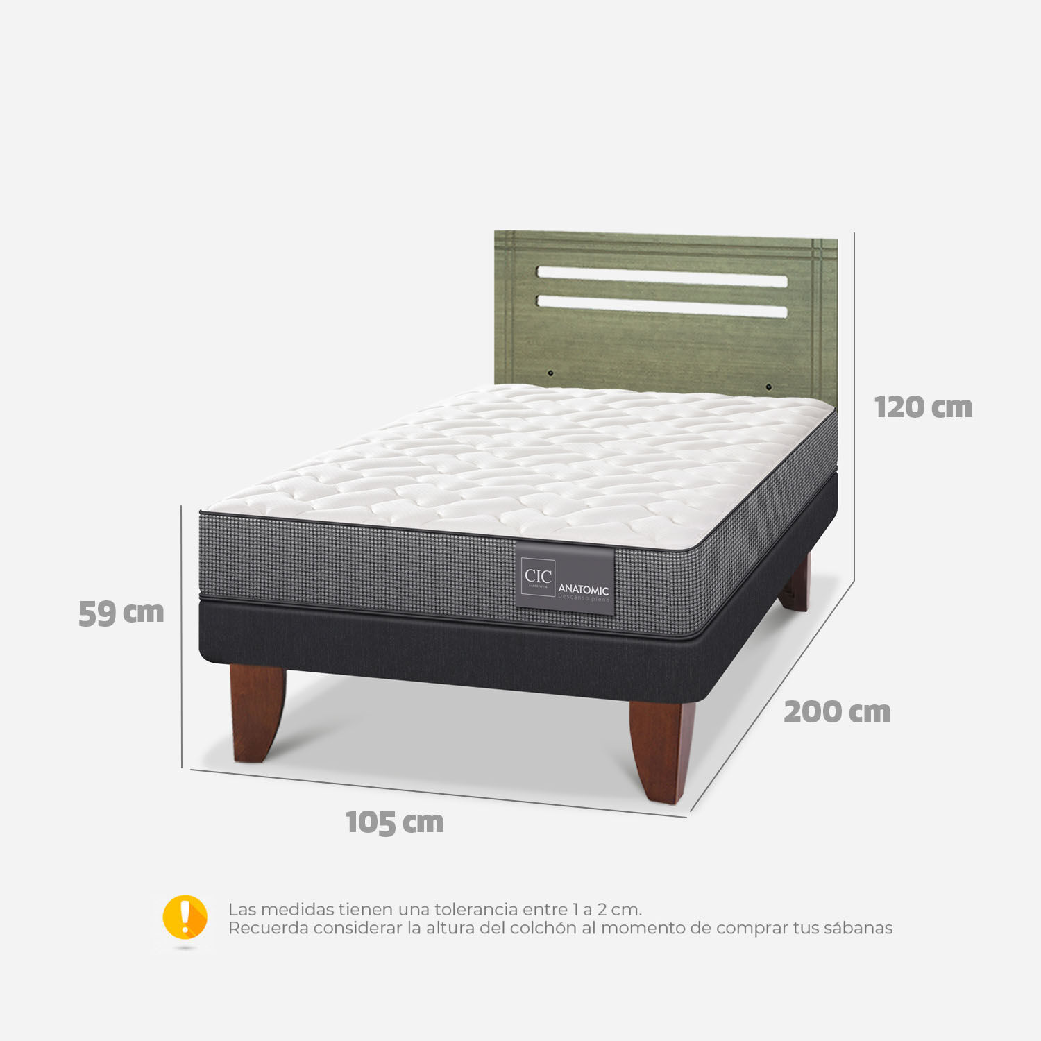 Cama Europea 1,5 Plazas Anatomic + Respaldo M&uacute;nich Olivo