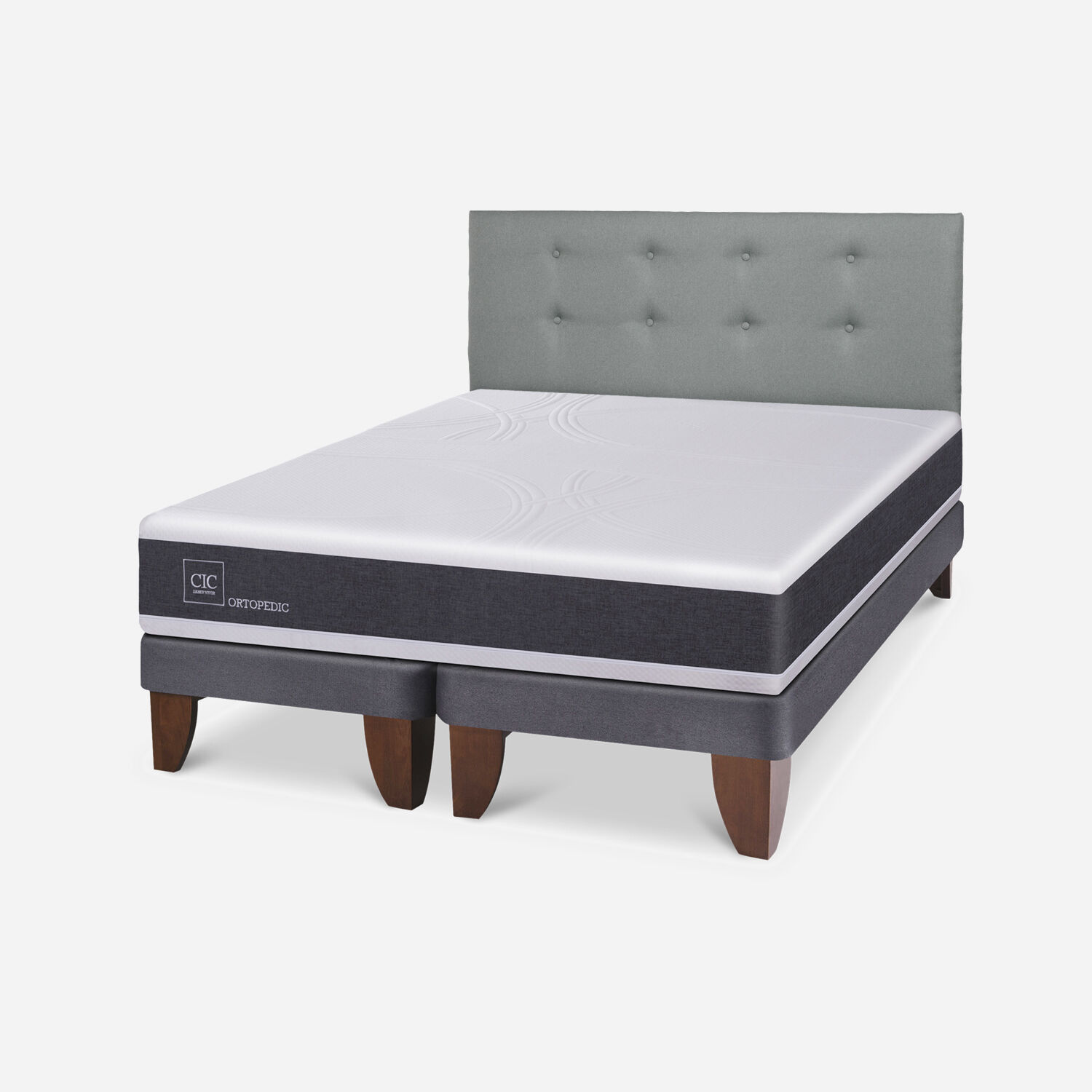 Cama Europea 2 Plazas New Ortopedic Base Dividida + Respaldo Tapizado Gris