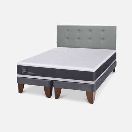 Cama Europea 2 Plazas New Ortopedic Base Dividida + Respaldo Tapizado Gris