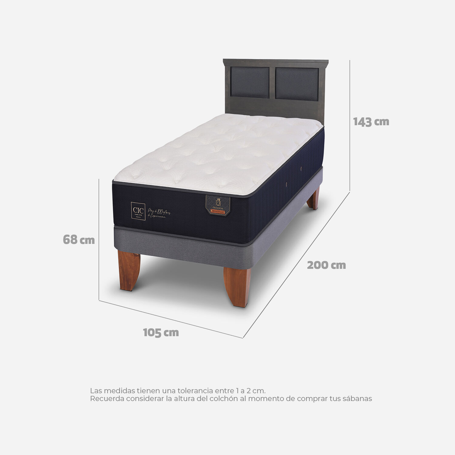 Cama Europea 1,5 Plazas Premium + Respaldo Torino Gris