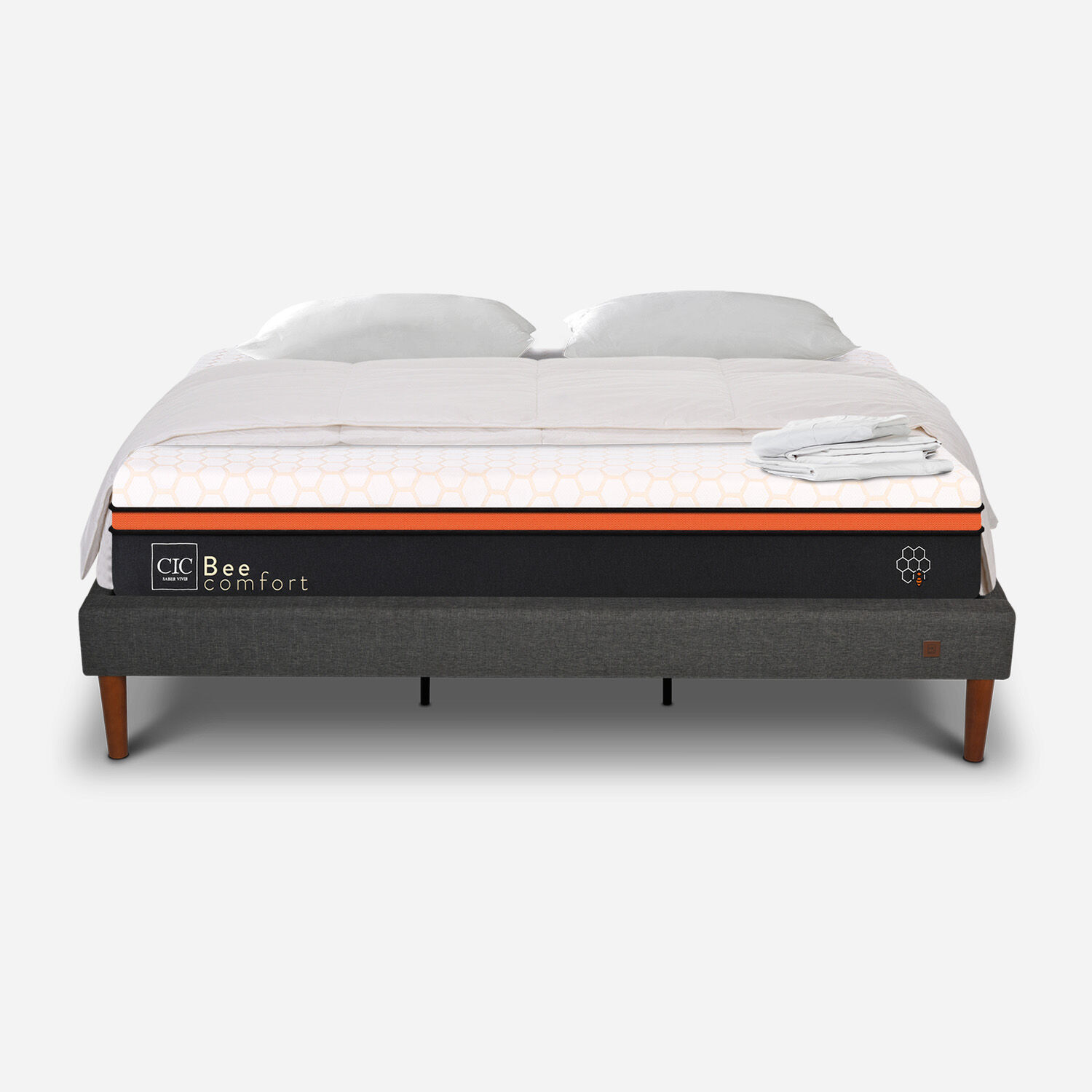 Cama Europea Curve King Bee Comfort + Almohadas Viscoel&aacute;sticas + Plum&oacute;n + Sabanas