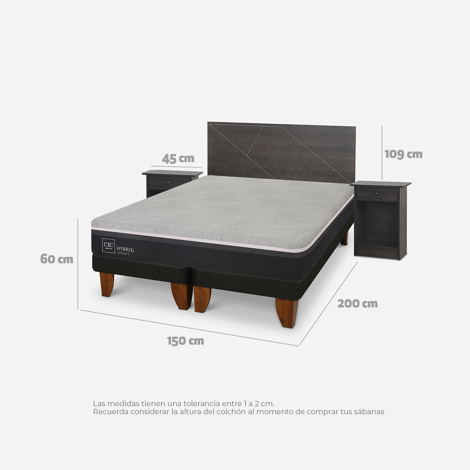 Cama Europea 2 Plazas Hybrid + Set Villarrica Gris