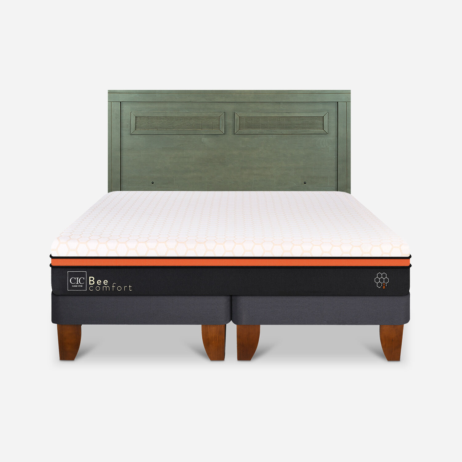 Cama Europea King Bee Comfort + Respaldo Mil&aacute;n Olivo