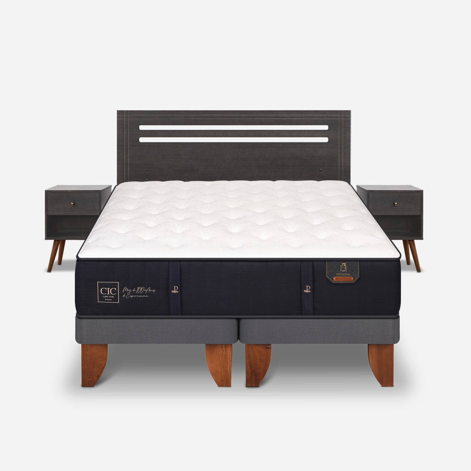 Cama Europea 2 Plazas Premium Base Dividida + Set Múnich Gris