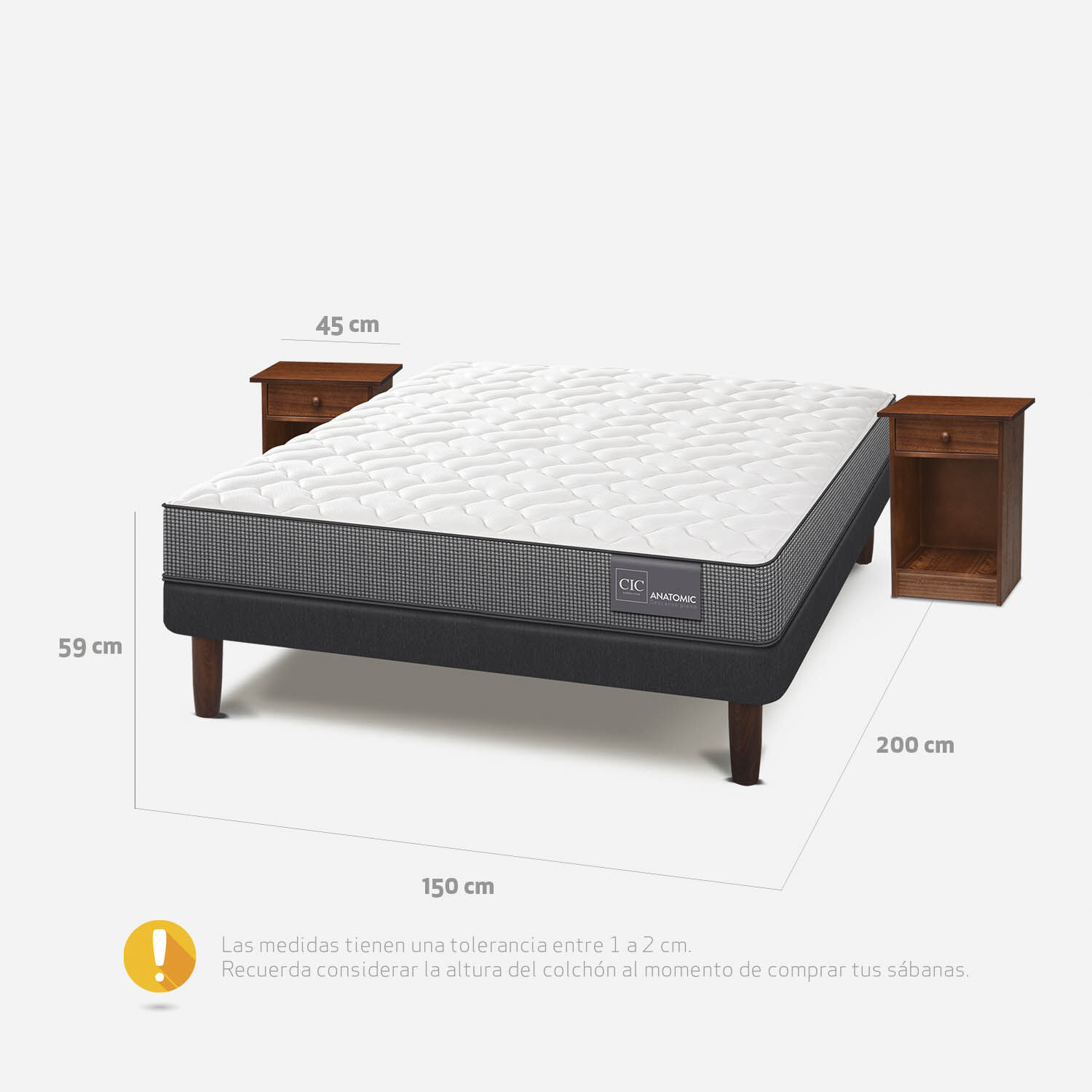 Cama Europea 2 Plazas Anatomic Base Normal + Veladores Villarrica