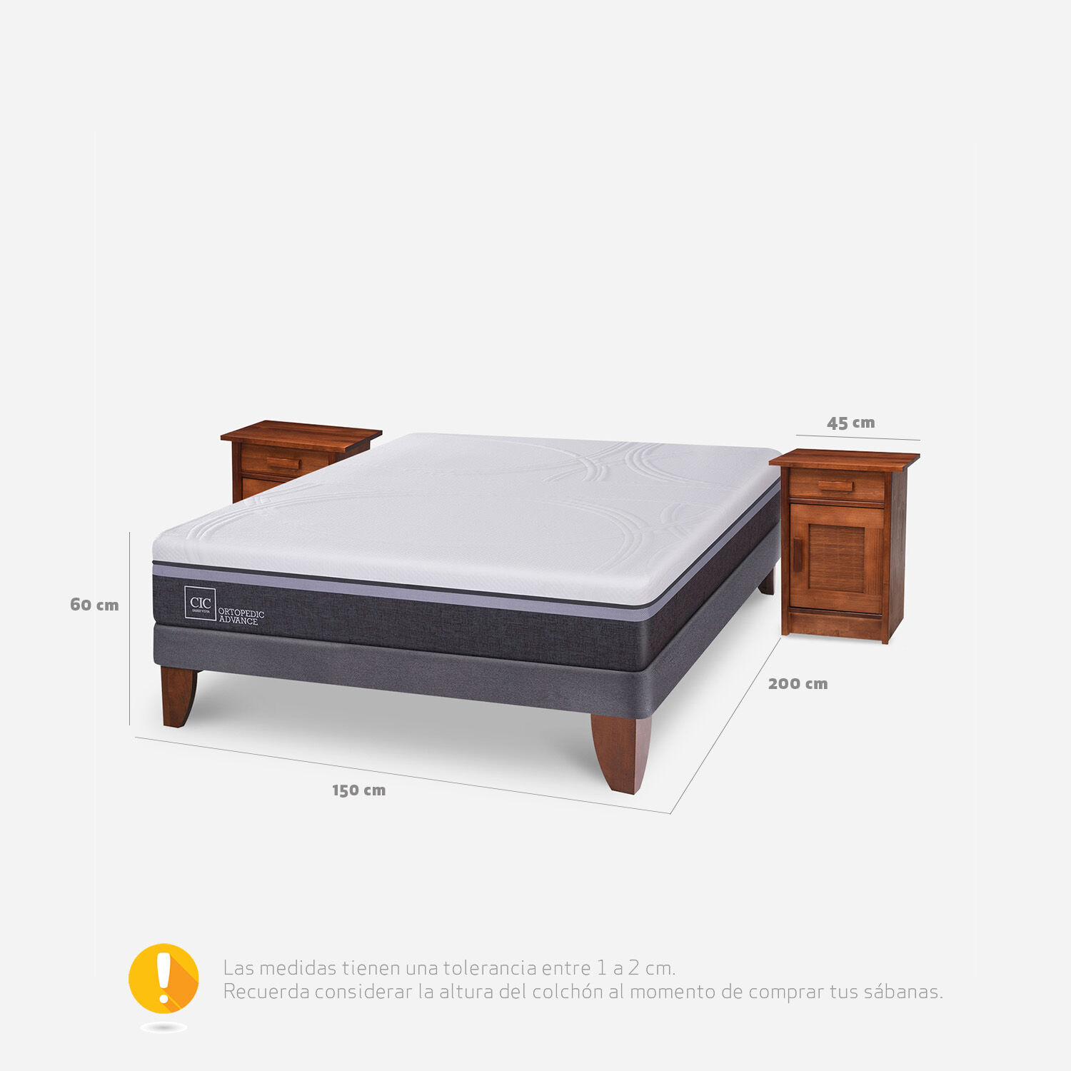 Cama Europea 2 Plazas Ortopedic Advance Base Normal + Veladores Mil&aacute;n Caramel