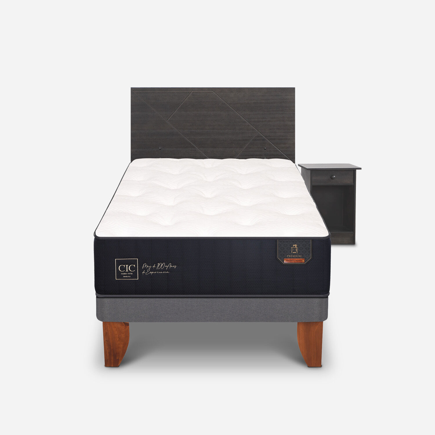 Cama Europea 1,5 Plazas Premium + Set Villarrica Gris
