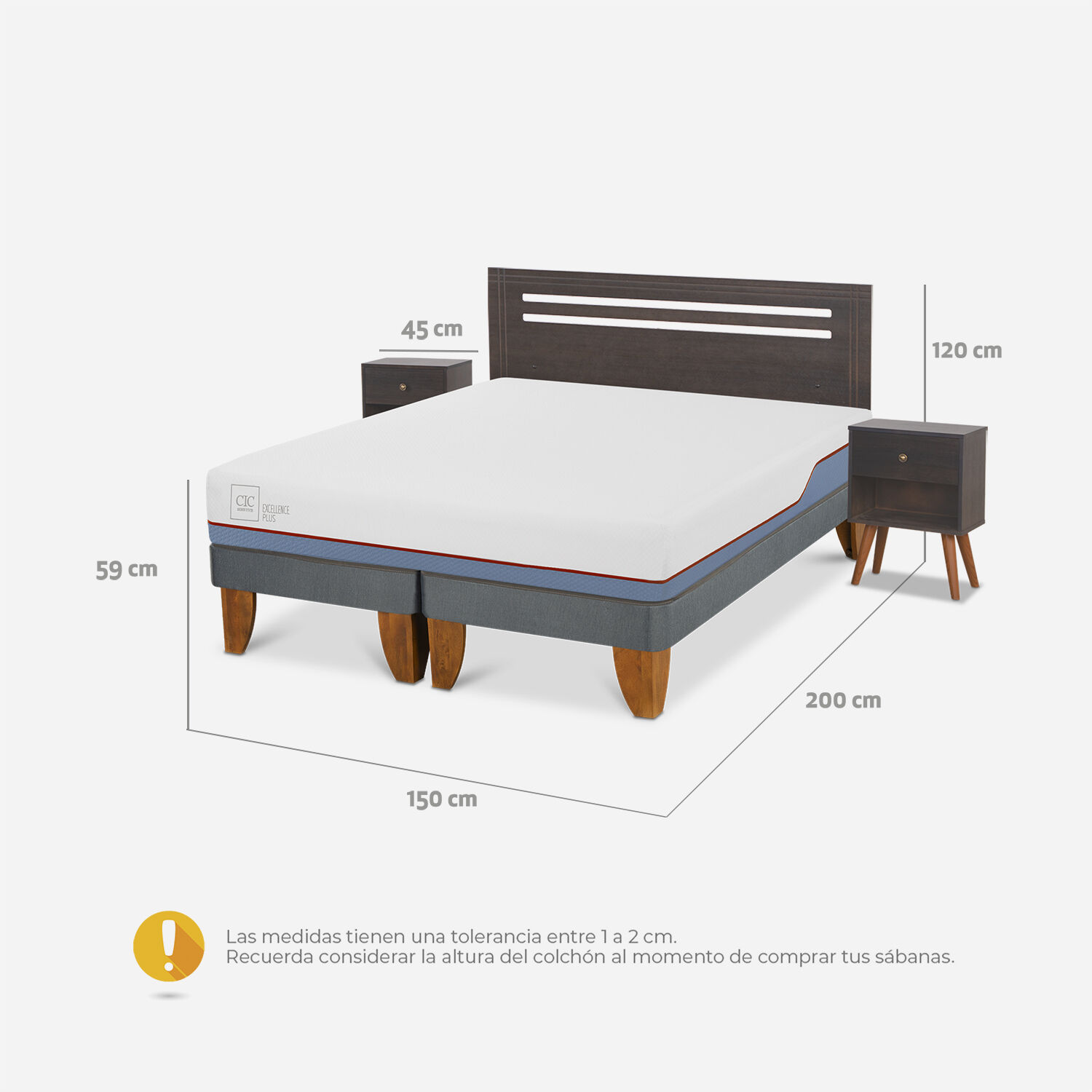 Cama Europea 2 Plazas Excellence Plus Base Dividida + Set Múnich Gris