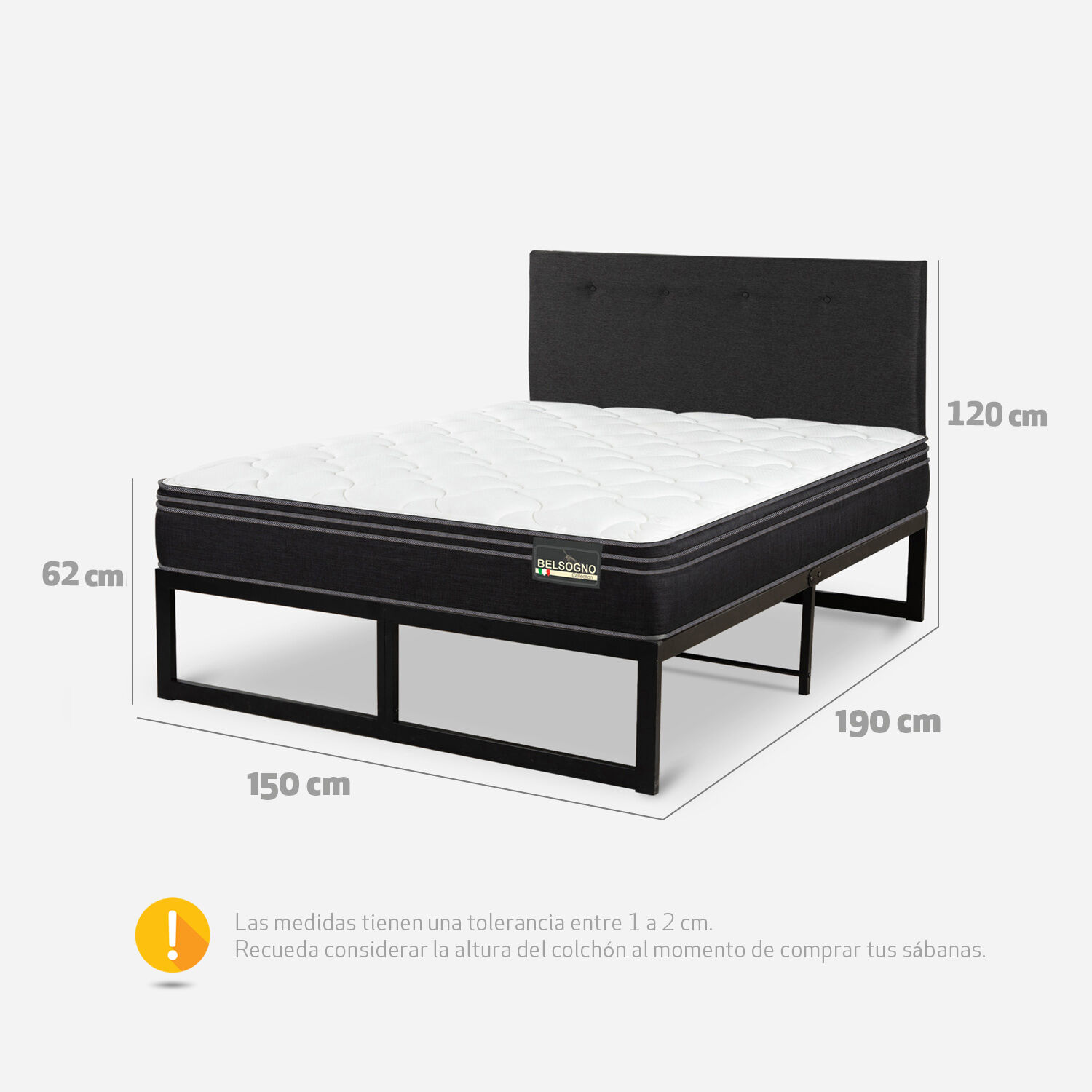 Cama Iron Smart Belsogno 2 Plazas Premium Black con Respaldo Black