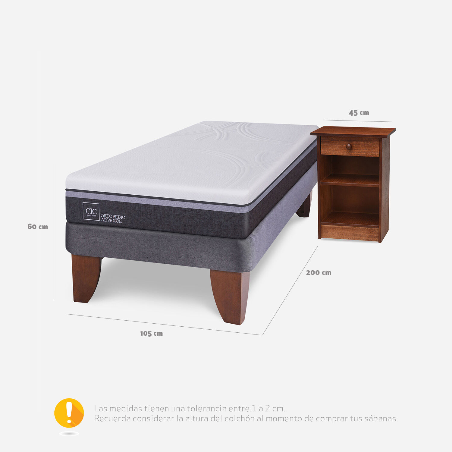 Cama Europea 1.5 Plazas Ortopedic Advance + Velador New Dublín Caramel