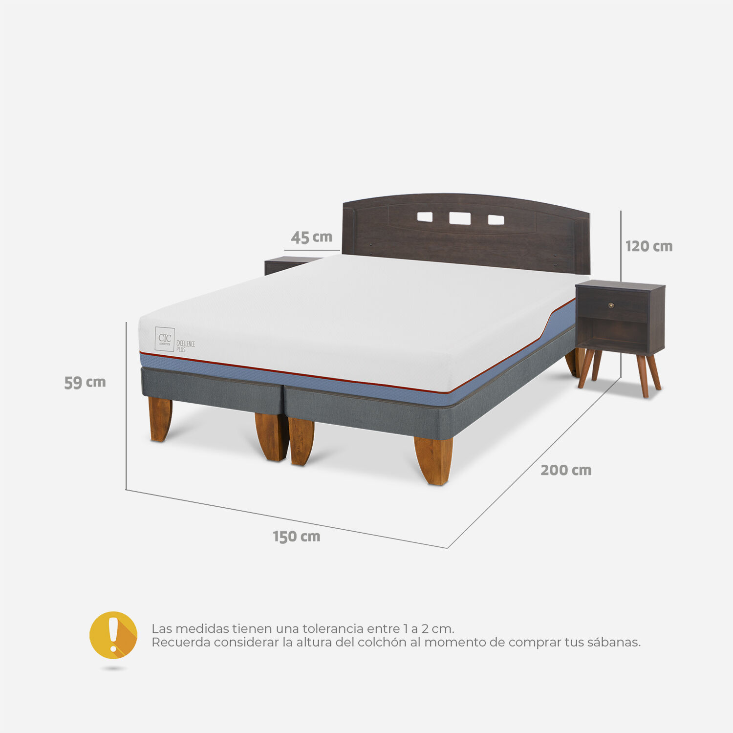 Cama Europea 2 Plazas Excellence Plus Base Dividida + Set Gales Gris