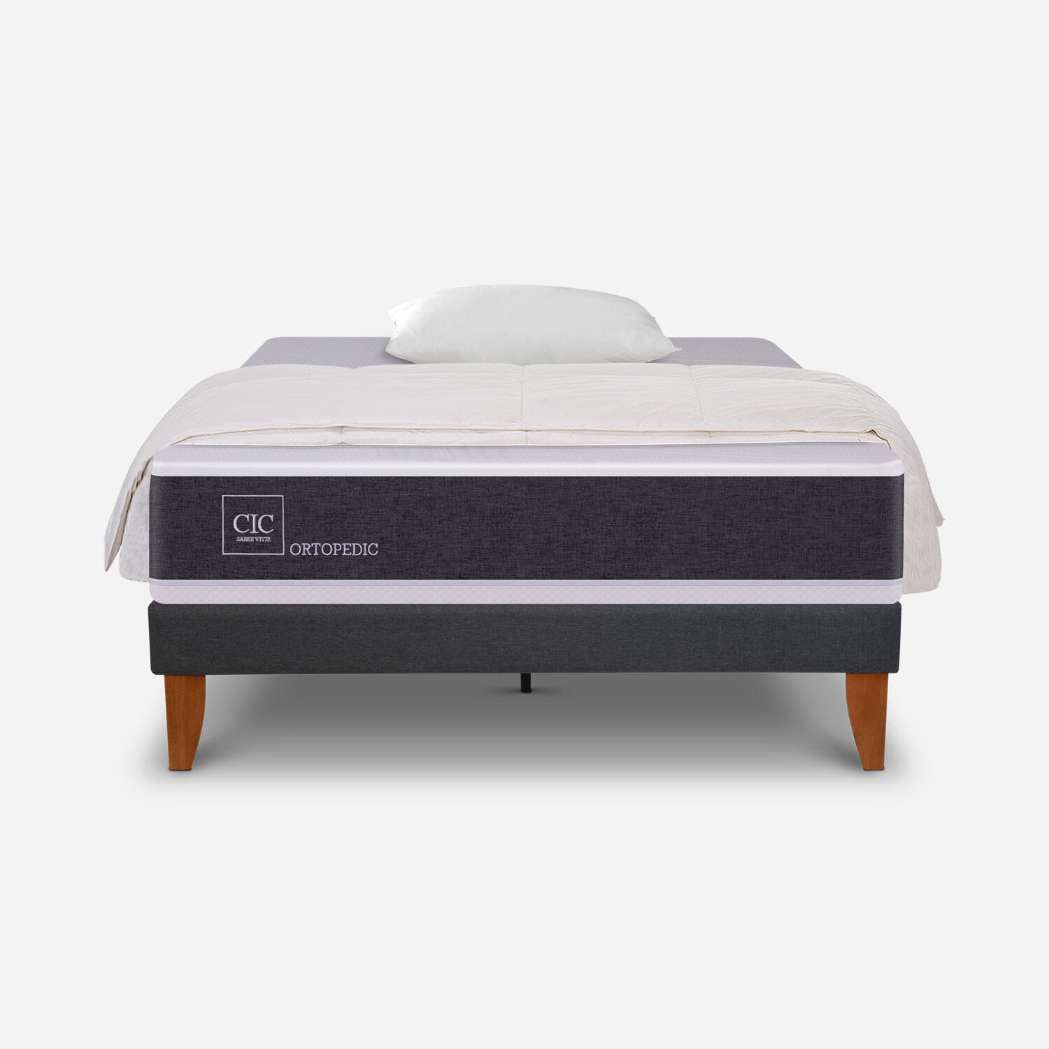 Cama Europea Curve 1,5 Plazas Ortopedic + Plum&oacute;n + Almohadas