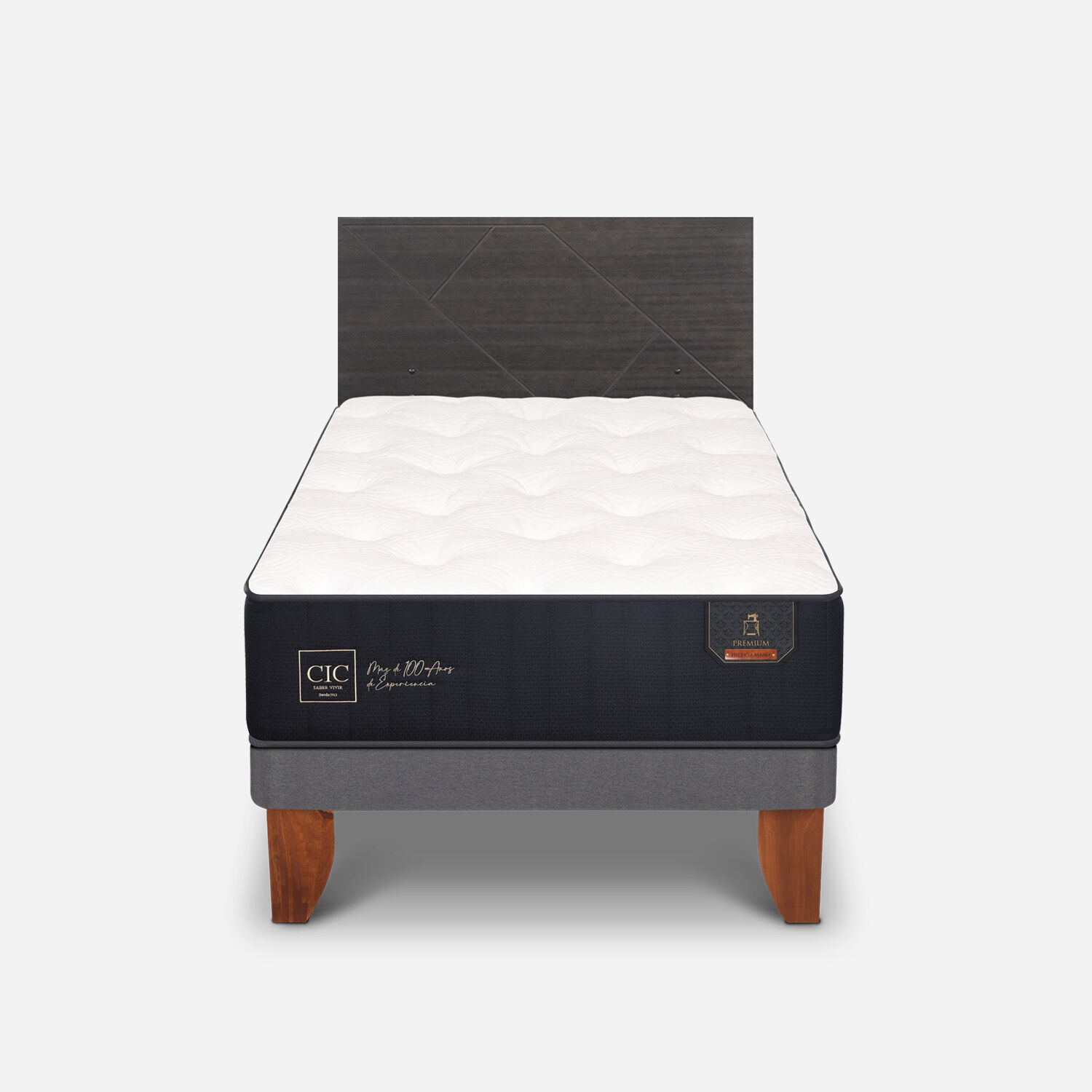 Cama Europea 1,5 Plazas Premium + Respaldo Villarrica Gris