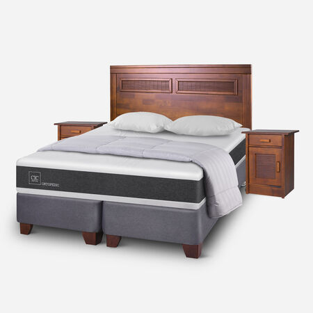Box Spring King Ortopedic + Set Mil&aacute;n Caramel + Almohadas + Plum&oacute;n Plumas