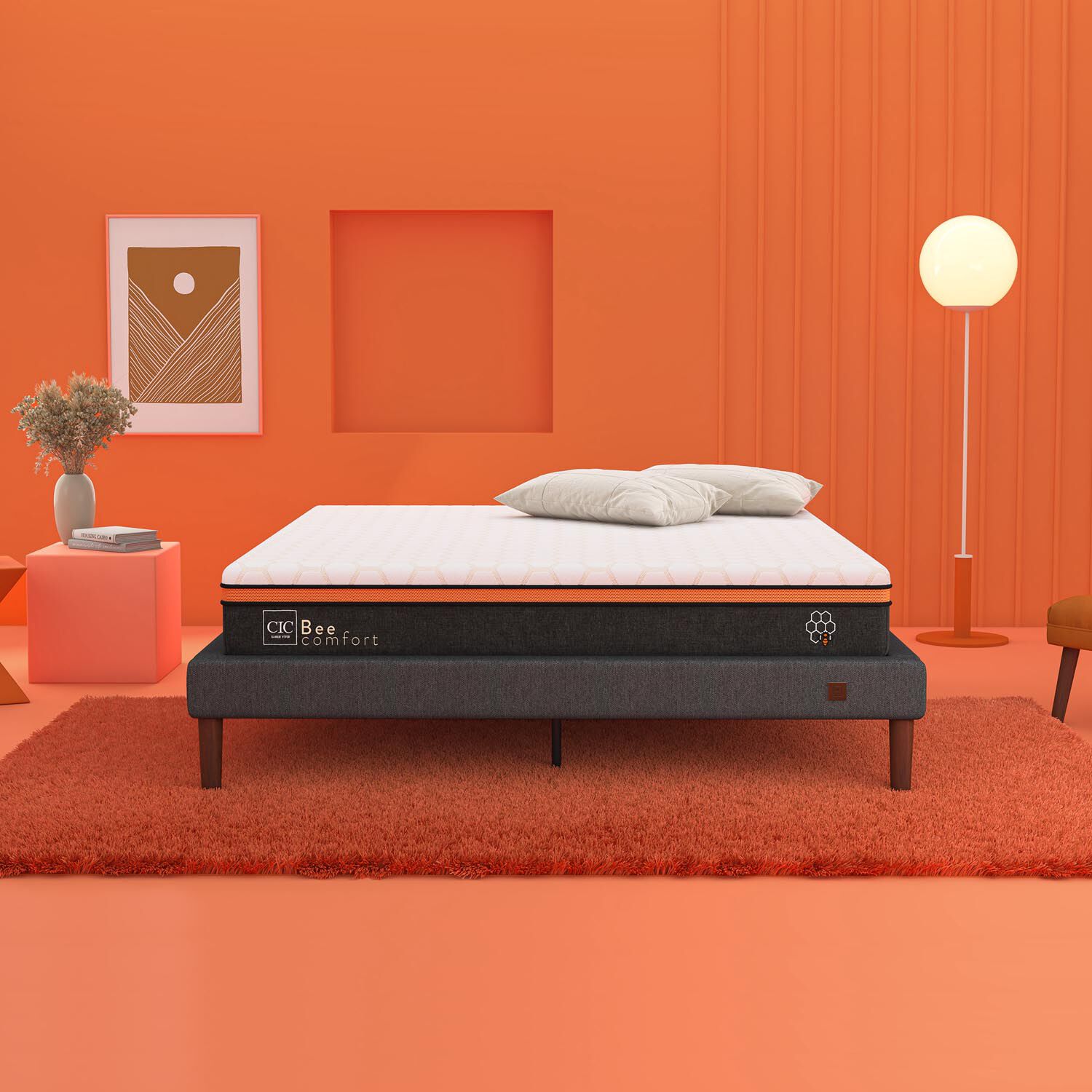 Cama Europea Curve 2 Plazas Bee Comfort + Almohadas Viscoel&aacute;stica + Plum&oacute;n + Sabanas