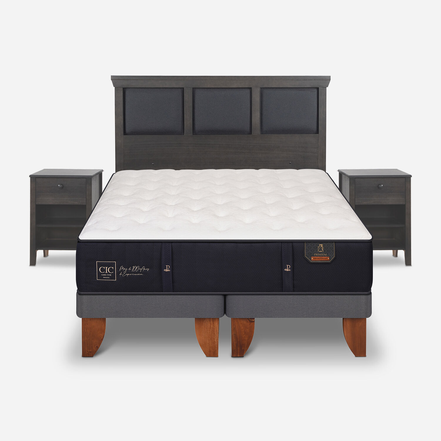 Cama Europea 2 Plazas Premium Base Dividida + Set Torino Gris