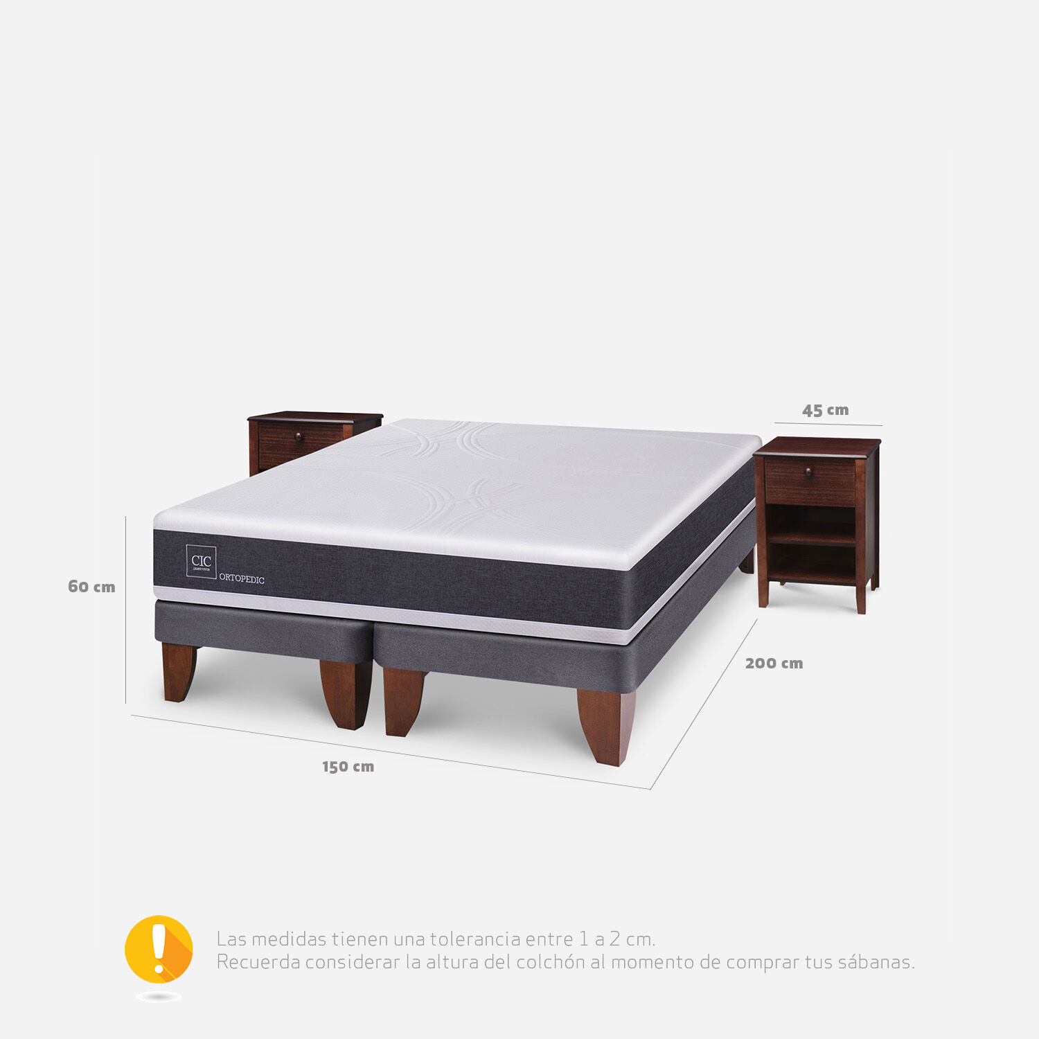 Cama Europea 2 Plazas Ortopedic Base Dividida + Veladores Torino Chocolate