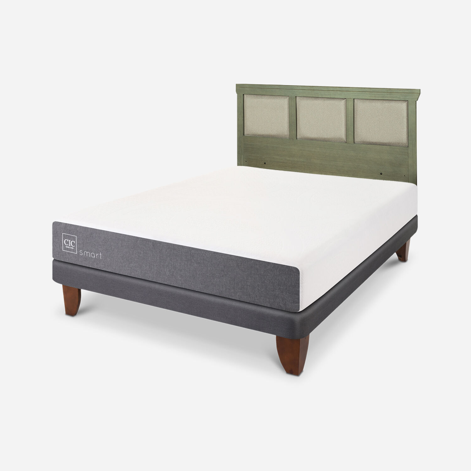 Cama Europea 2 Plazas Smart Base Normal + Respaldo Torino Olivo