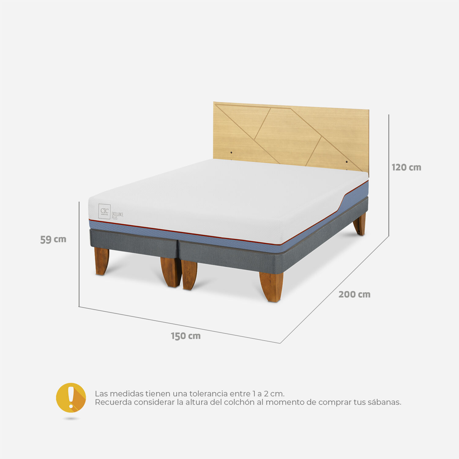 Cama Europea 2 Plazas Excellence Plus Base Dividida + Respaldo Villarrica Mostaza