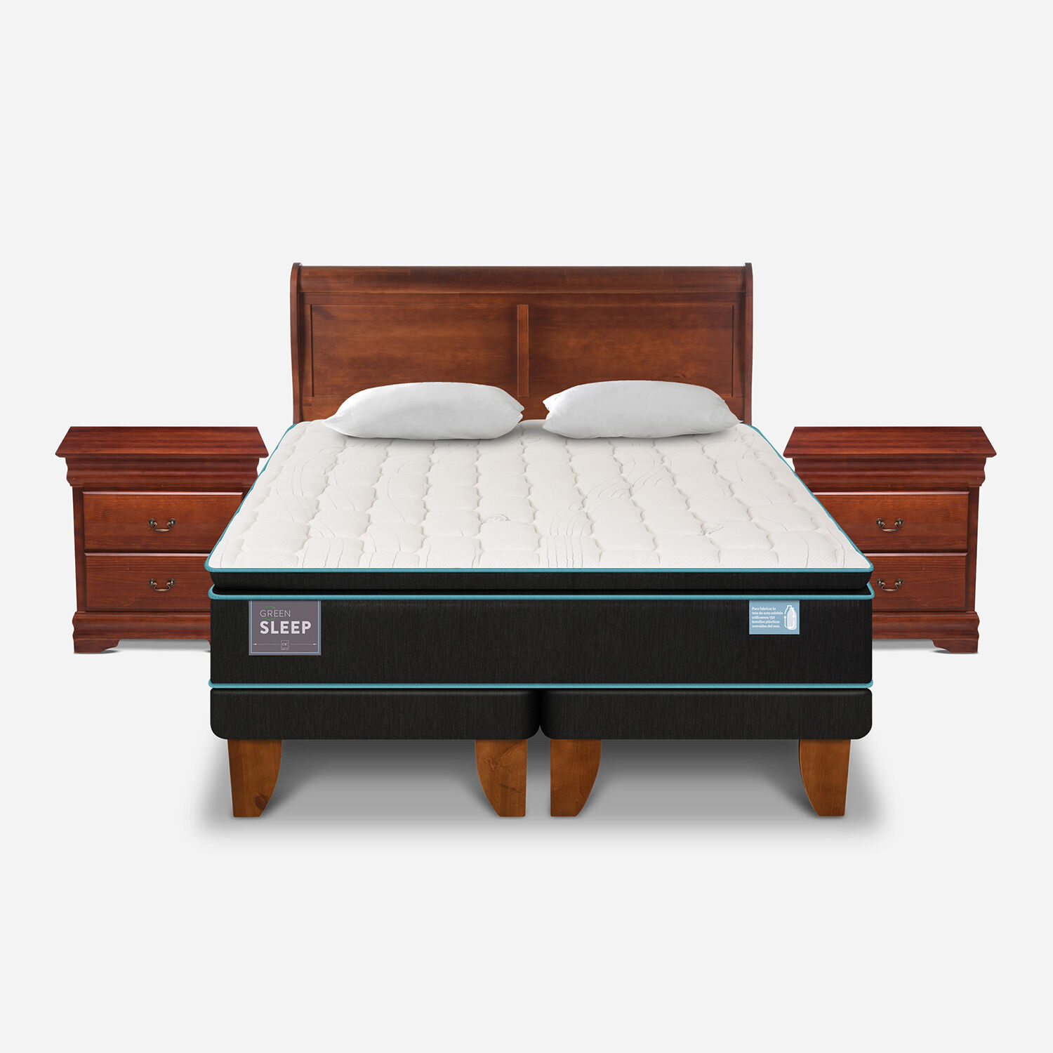 Cama Europea King Green Sleep + Set Miró + Almohadas Viscoelásticas