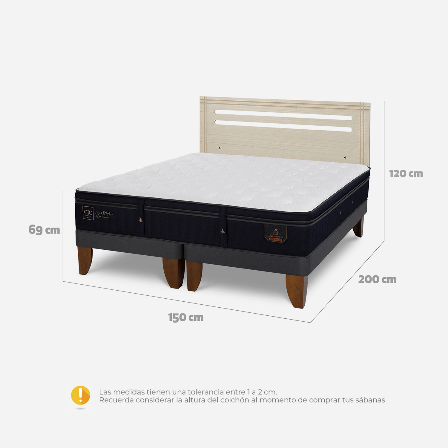 Cama Europea 2 Plazas Super Premium Base Dividida + Respaldo Múnich Alpino