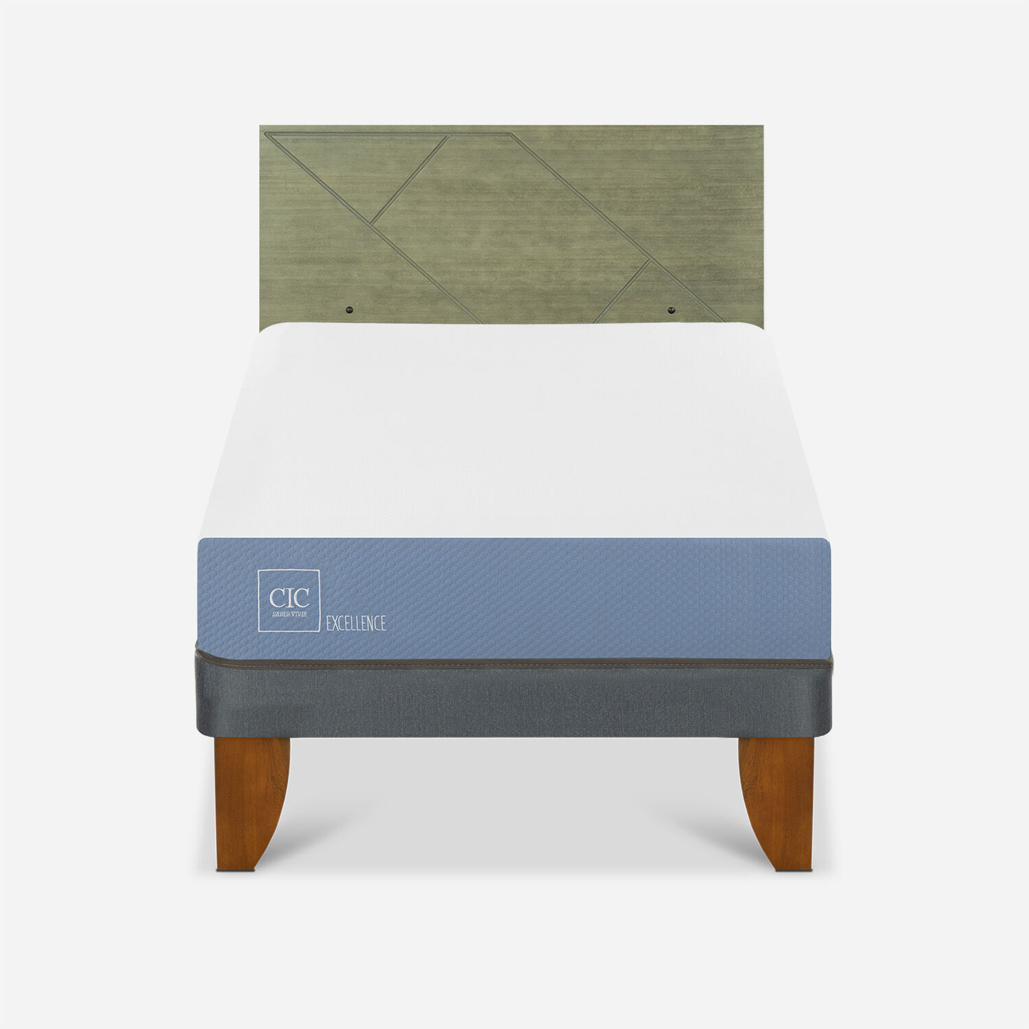 Cama Europea 1,5 Plazas Excellence + Respaldo Villarrica Olivo