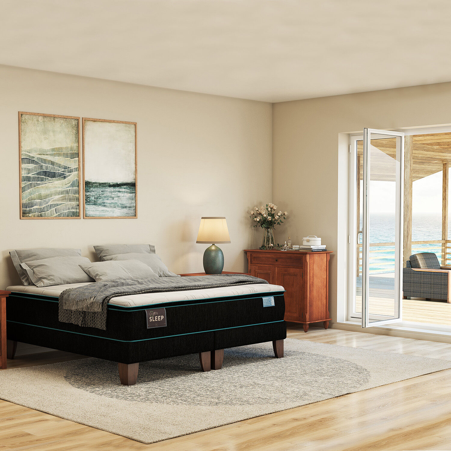 Cama Europea King Green Sleep + Almohadas Viscoel&aacute;sticas + Plum&oacute;n