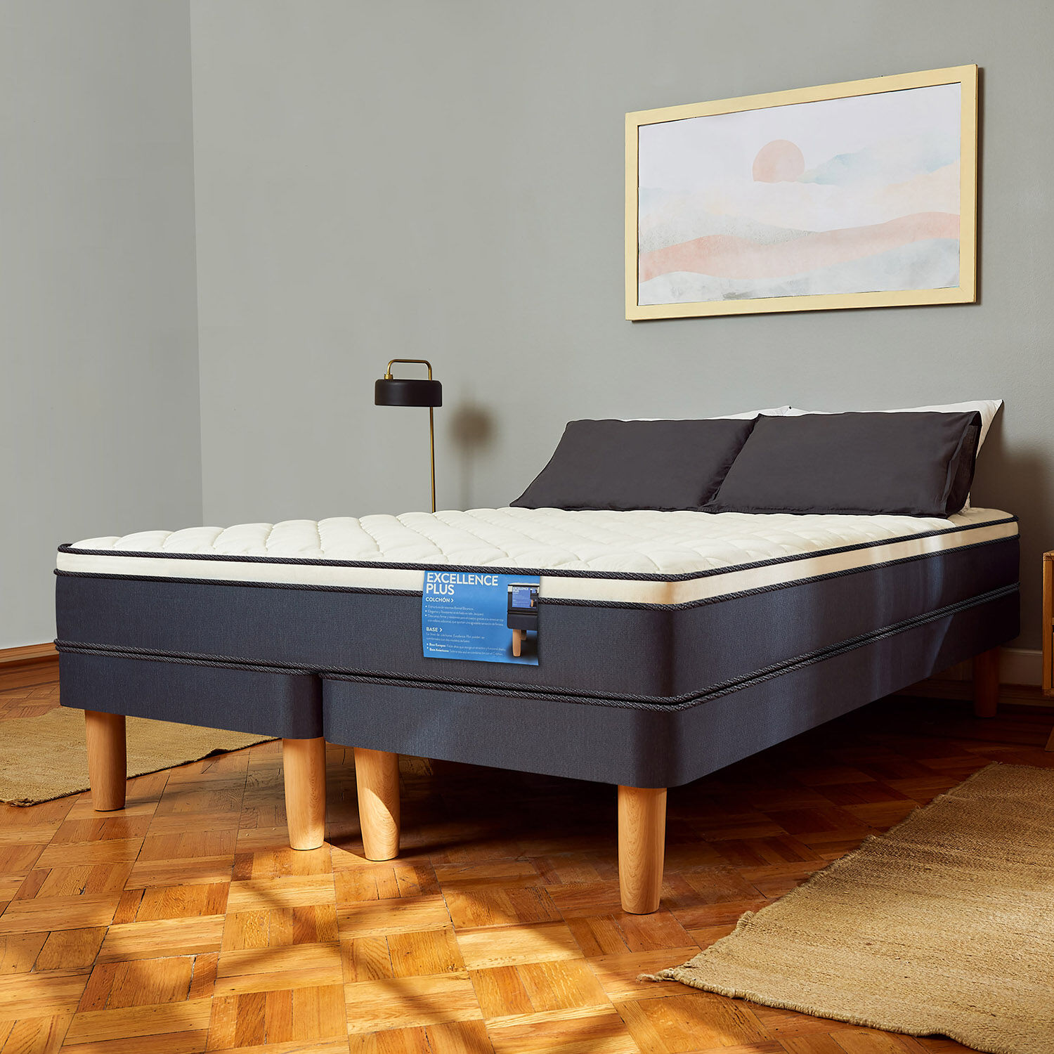 Cama Europea 2 Plazas Excellence Base Normal + Respaldo Gales Gris