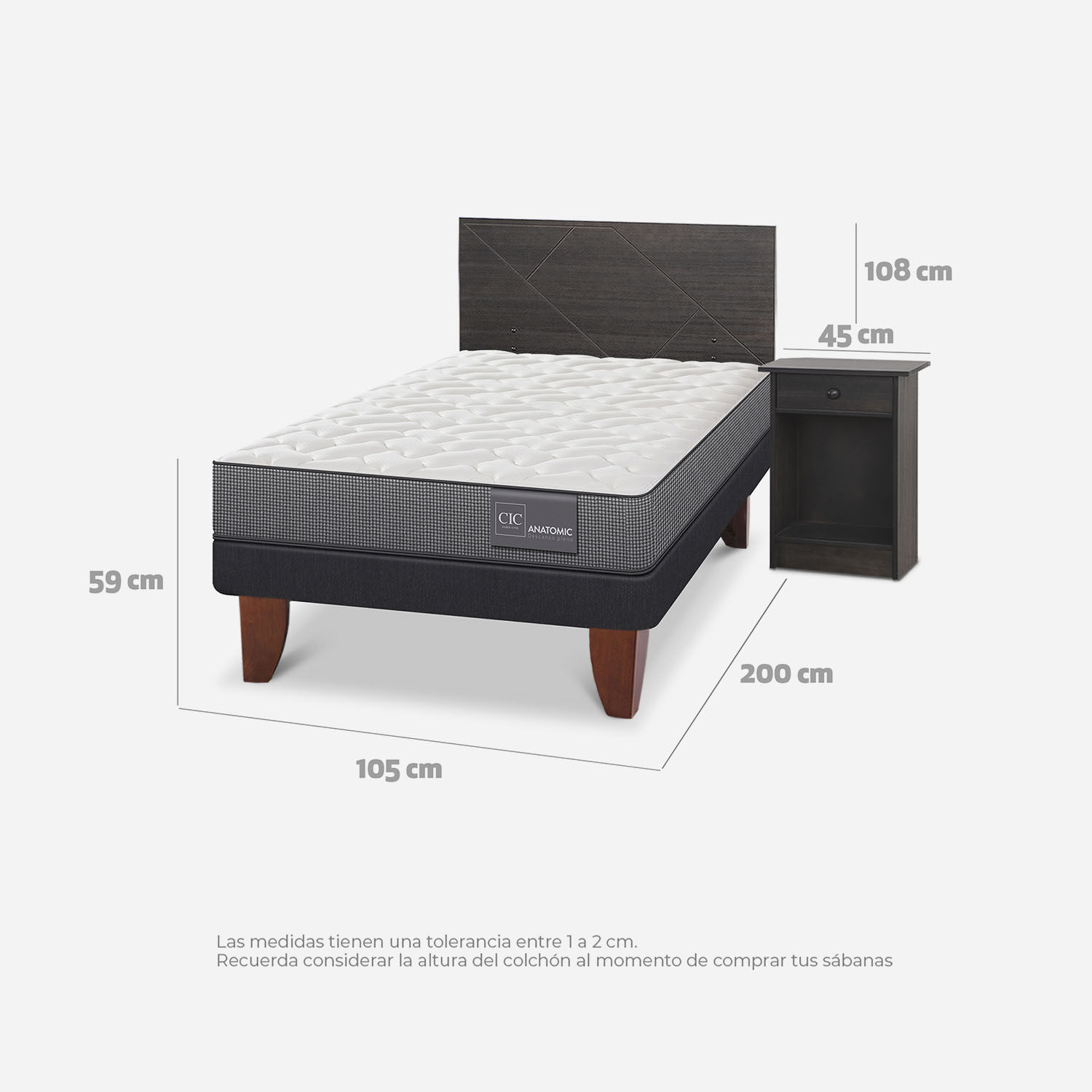 Cama Europea 1,5 Plazas Anatomic + Set Villarrica Gris