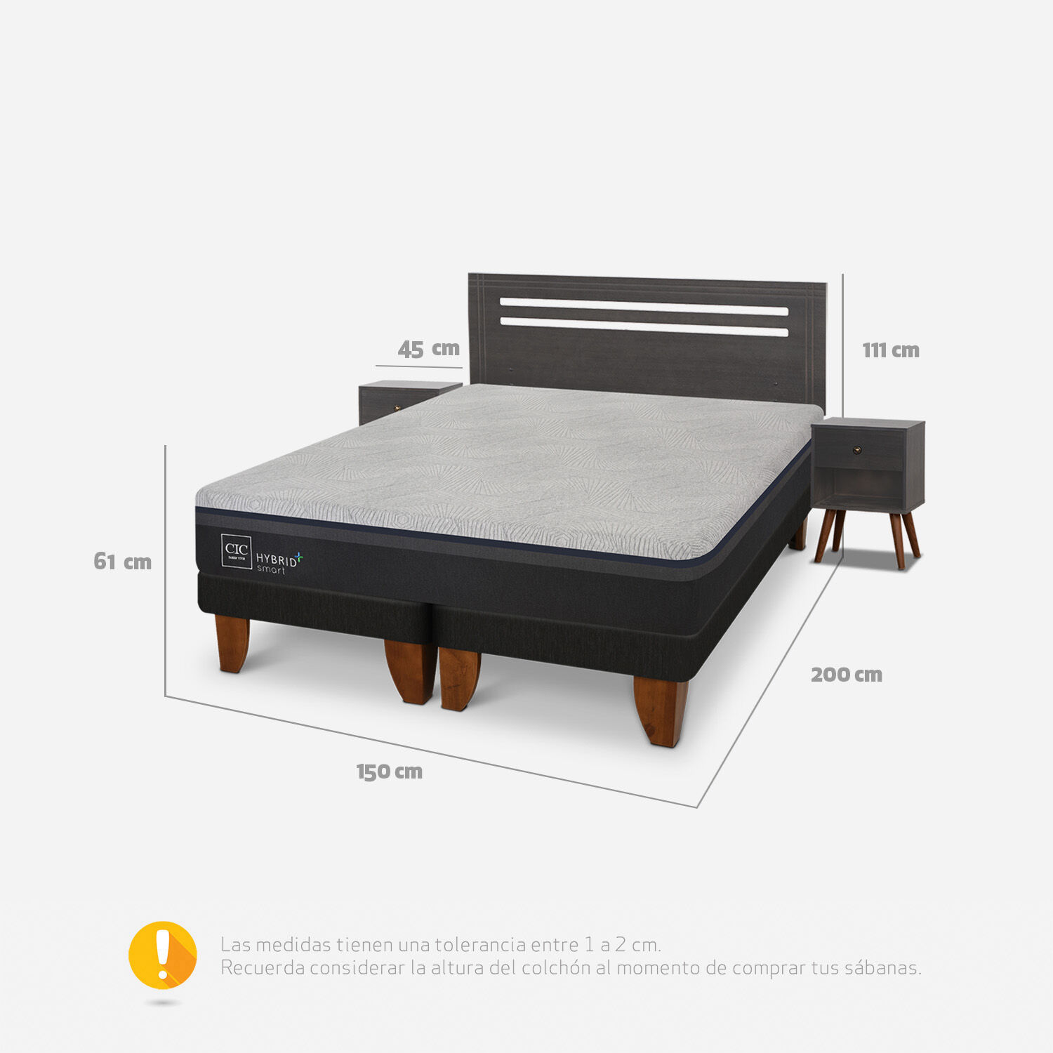 Cama Europea 2 Plazas Hybrid Plus Smart Base Dividida + Set Munich Gris