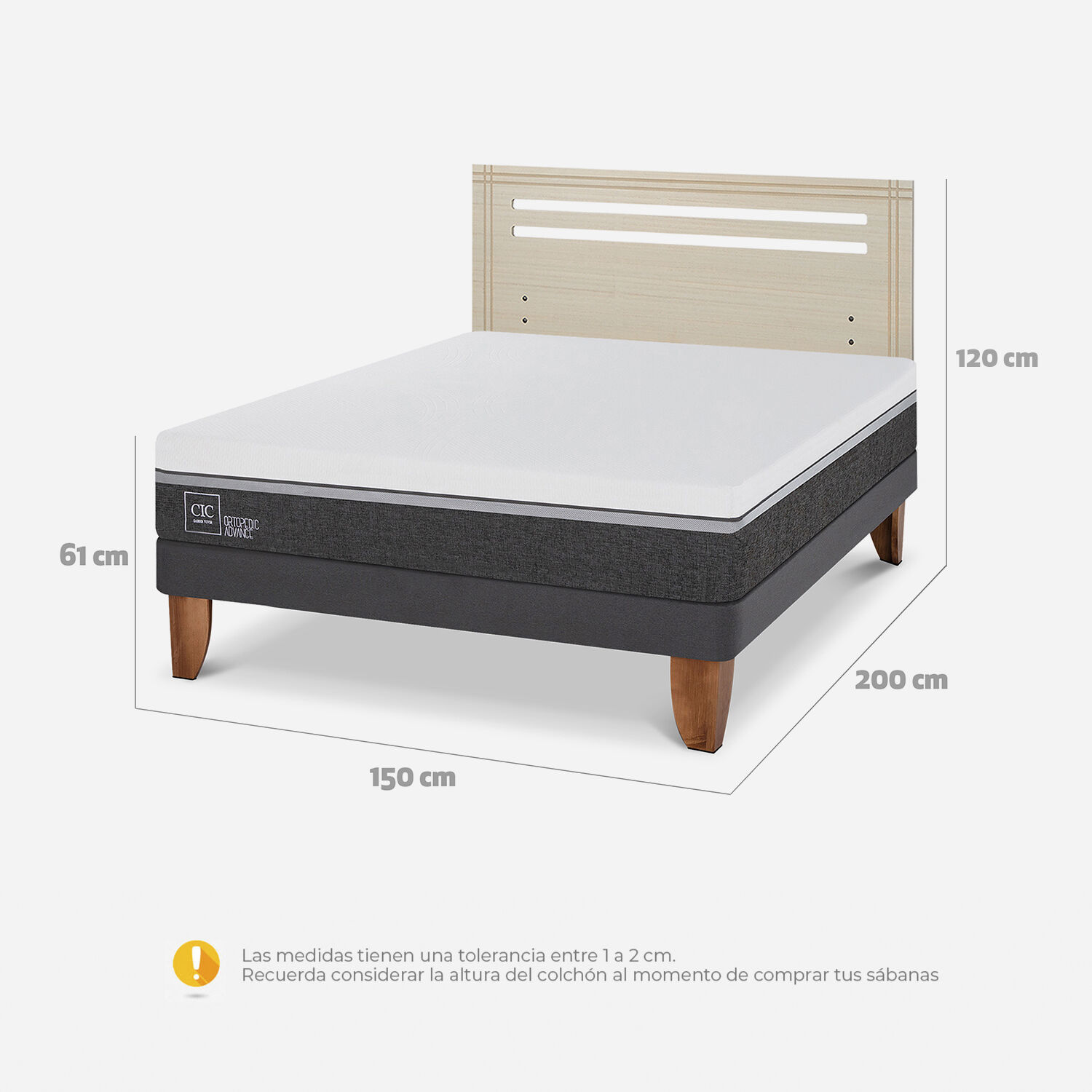 Cama Europea 2 Plazas Ortopedic Advance Base Normal + Respaldo Múnich Alpino