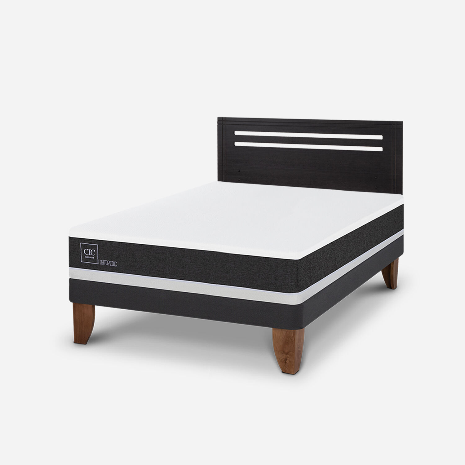 Cama Europea 2 Plazas Ortopedic Base Normal + Respaldo Múnich Negro
