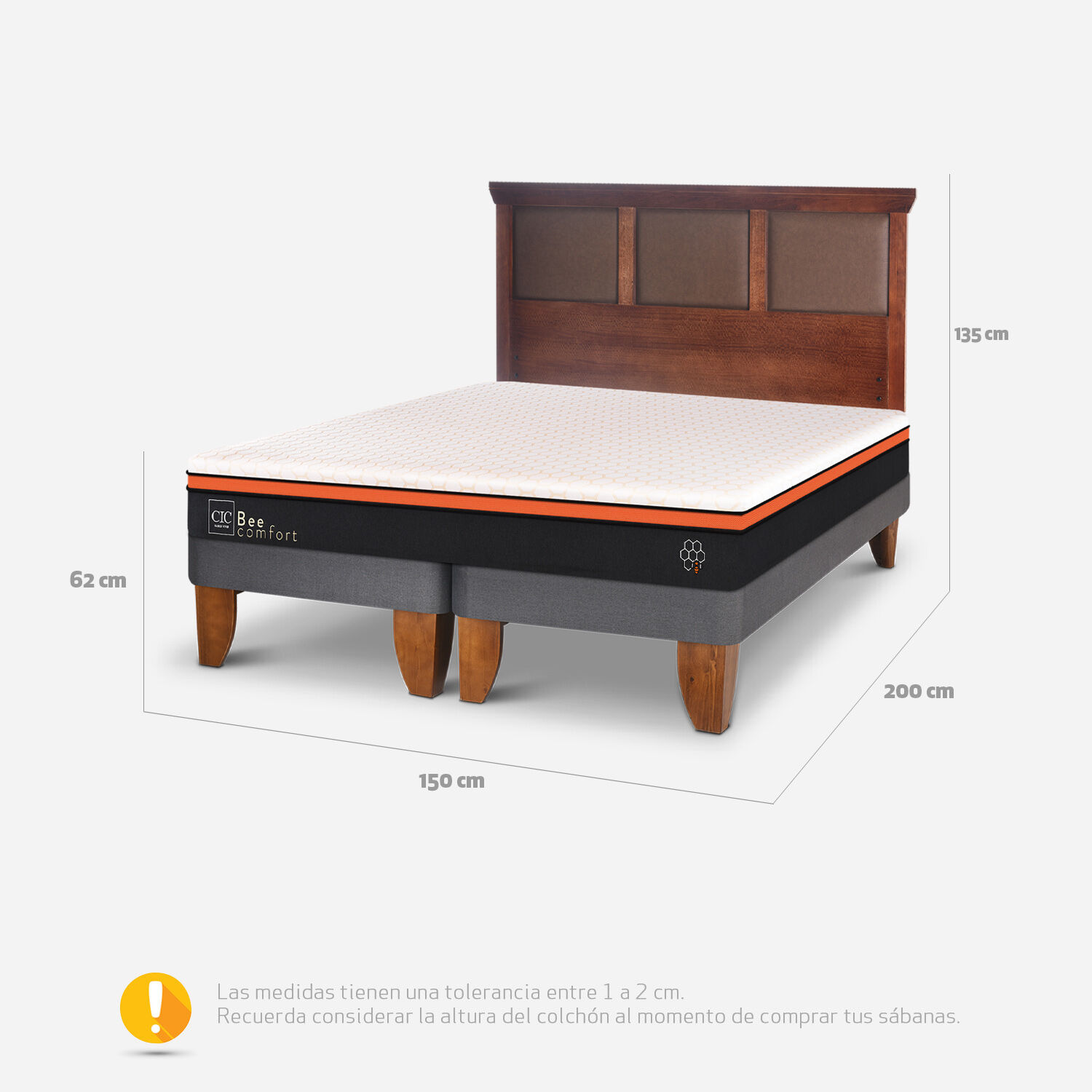 Cama Europea 2 Plazas Bee Comfort Base Dividida + Respaldo Torino Caramel