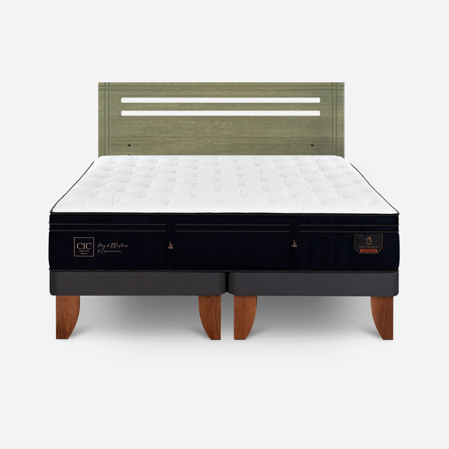 Cama Europea 2 Plazas Super Premium Base Dividida + Respaldo Múnich Olivo