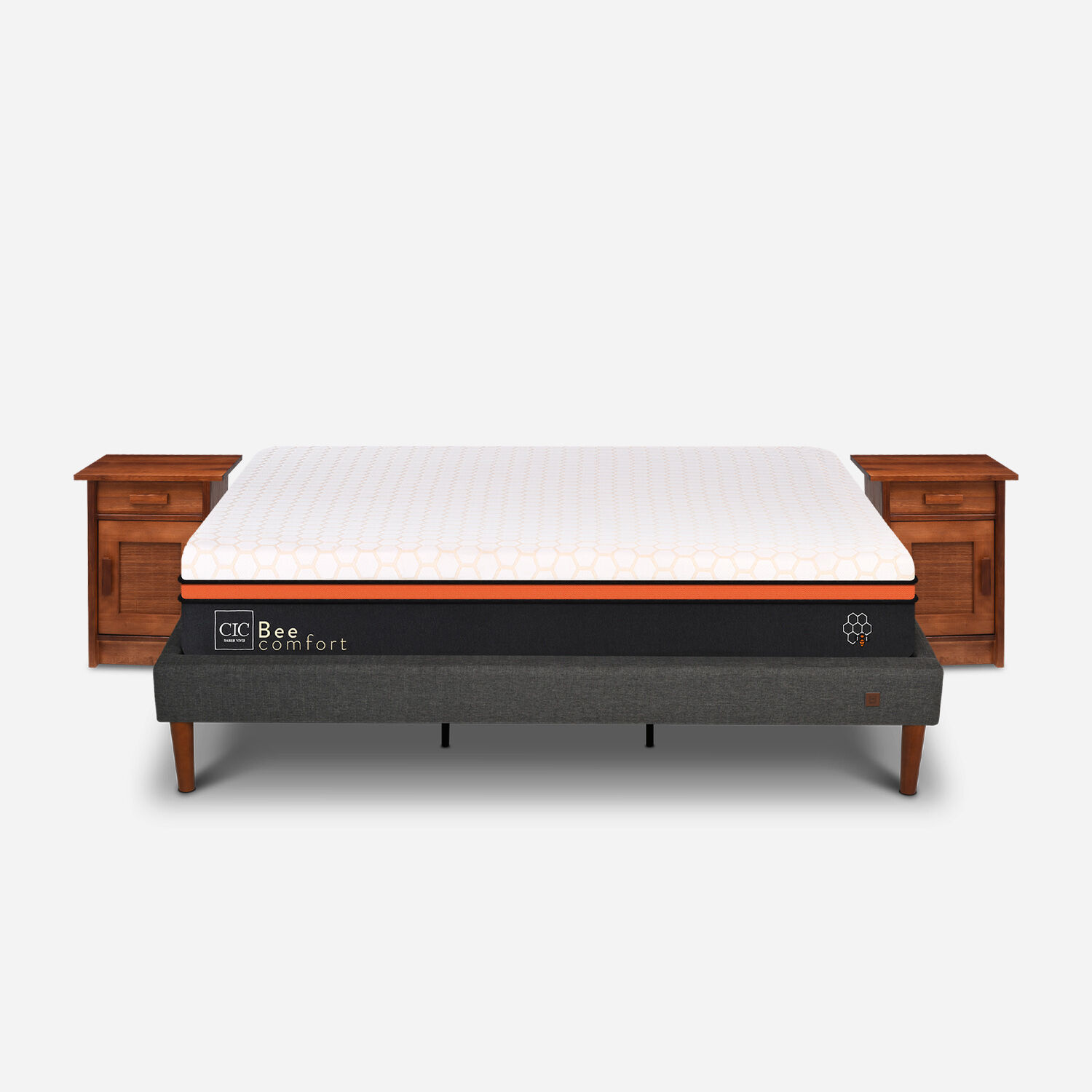 Cama Europea Curve King Bee Comfort + Veladores Mil&aacute;n Caramel