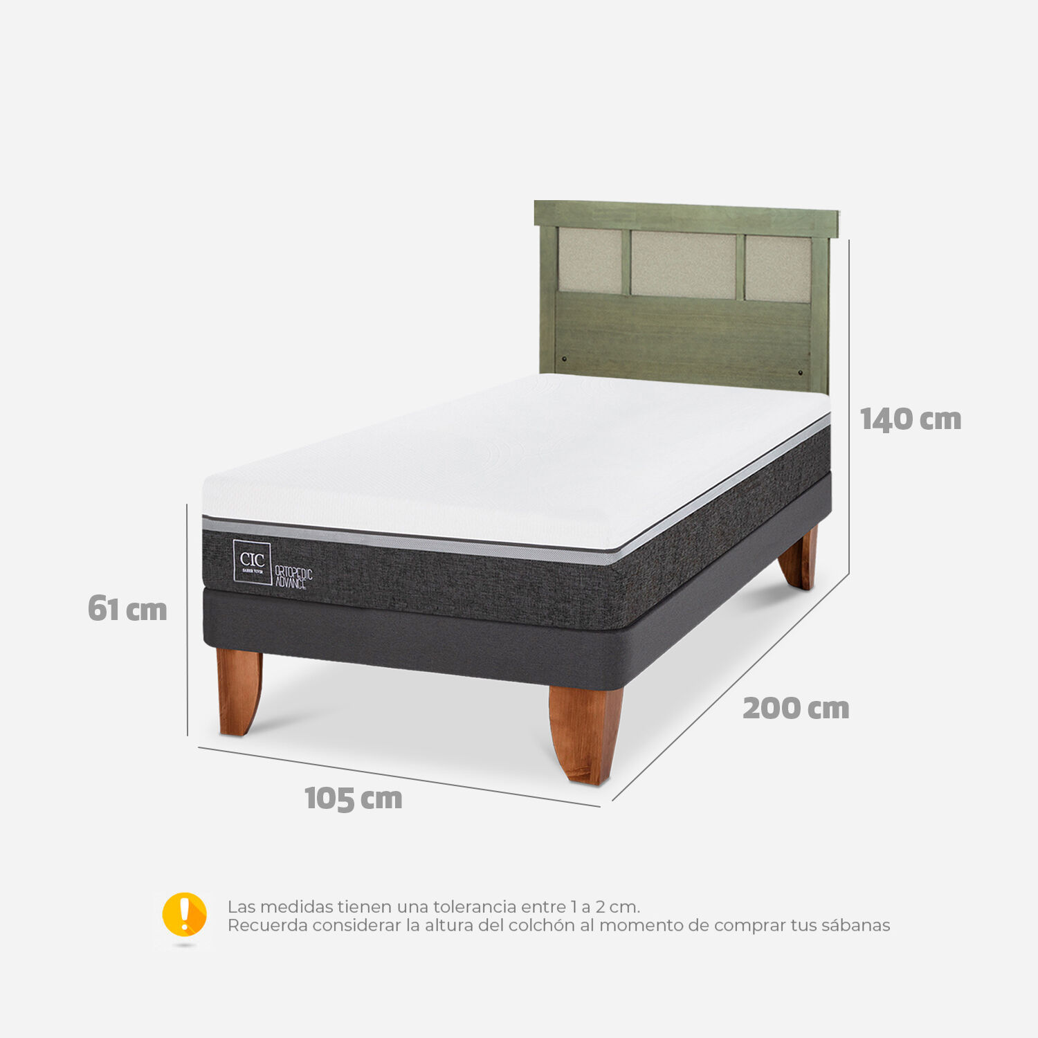 Cama Europea 1,5 Plazas Ortopedic Advance + Respaldo Dublín Olivo