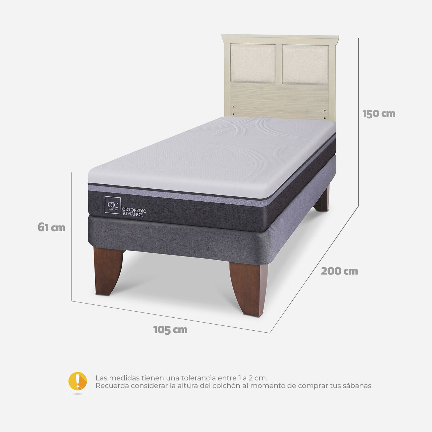 Cama Europea 1,5 Plazas Ortopedic Advance + Respaldo Torino Alpino